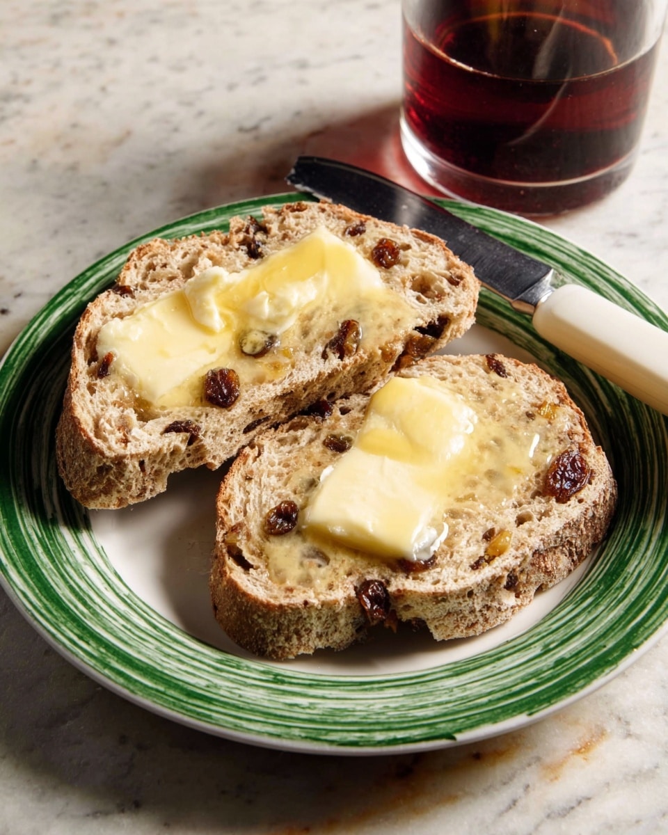 Two pieces of raisin bread with butter spread unevenly on top are placed on a white plate with a green swirl pattern. The bread has a rough, textured surface with visible raisins embedded throughout. One piece is a larger slice lying flat with two wide pats of yellow butter melting on the top, while the smaller piece is cut in half and positioned upright behind the larger piece, also with a butter spread on it. A butter knife with a white handle rests on the edge of the plate next to a glass of dark red liquid. The scene is set on a white marbled textured surface. photo taken with an iphone --ar 4:5 --v 7