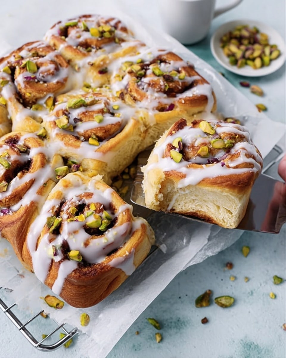 The image shows soft cinnamon rolls arranged together on white parchment paper over a metal rack. Each roll has three visible layers of golden brown dough swirled with a darker cinnamon filling. A white glaze is drizzled generously over the top layer, creating streaks that drip down the sides. Bright green chopped pistachios are sprinkled over the glaze, adding texture and color contrast. One roll is slightly pulled away, showing the fluffy and light inside layers. A white plate with scattered pistachios sits to the side, and the background is a white marbled texture. A woman's hand holds a metal spatula lifting one roll. Photo taken with an iphone --ar 4:5 --v 7