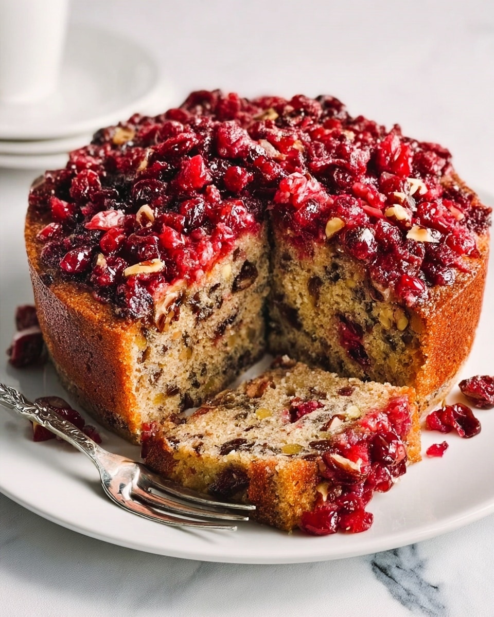 A round cake with a golden-brown crust sits on a white plate on a white marbled surface. The cake has two visible layers: a thick, dense inner layer speckled with dark spots, and a generous topping of bright red dried cranberries covering the entire top of the cake. A slice is cut and slightly pulled out, showing the inside texture filled with bits of nuts and dried fruit. There is a silver fork resting near the plate's edge, adding a touch of shine to the scene. The overall look is rustic and inviting. photo taken with an iphone --ar 4:5 --v 7