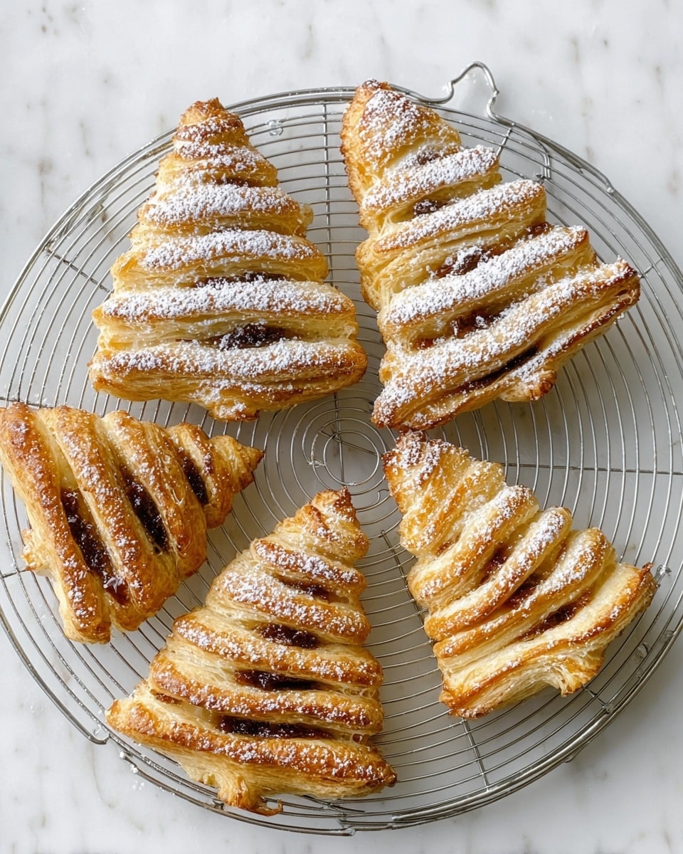 Five pastries shaped like Christmas trees sit on a round metal cooling rack. Each pastry has multiple layers of golden-brown, flaky dough with darker caramelized stripes of filling between the layers. Three of the pastries are sprinkled lightly with powdered sugar, adding a soft white contrast on top. The cooling rack rests on a white marbled surface with a soft, neutral color. The photo was taken with an iphone --ar 4:5 --v 7