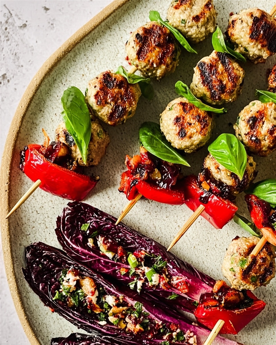 The image shows several small skewers placed on a surface, each skewer having three layers: a round, browned grilled meatball with a slightly charred texture on top, a fresh green basil leaf with smooth edges in the middle, and a piece of roasted red pepper with a wrinkled texture at the bottom. On the same surface, there are also sections of dark purple vegetable boats filled with a mixture of finely chopped ingredients including nuts and herbs. The background is a white marbled texture, and the colors contrast well with the earthy tones of the skewers and the purple vegetable pieces. photo taken with an iphone --ar 4:5 --v 7