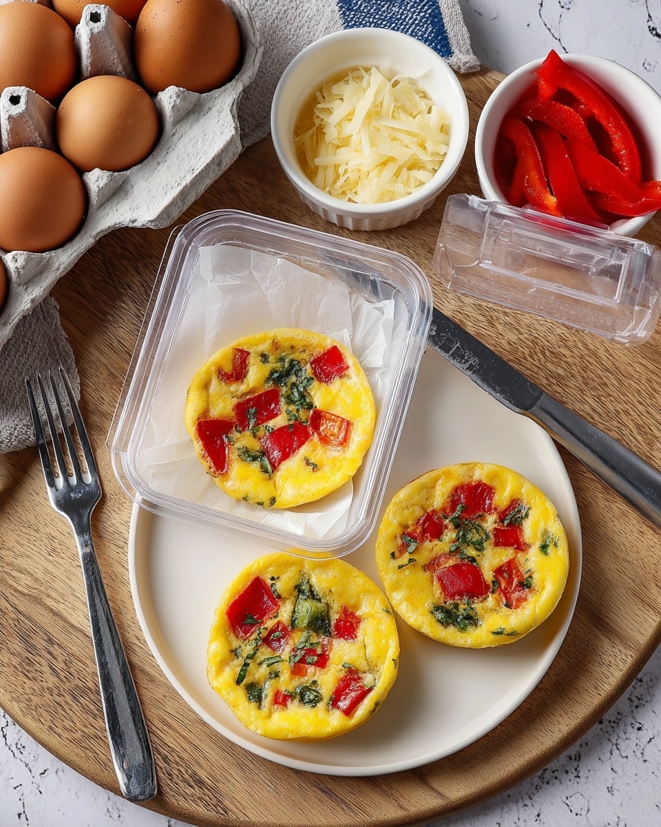 The image shows three small round egg bites with a smooth pale yellow base, topped with uneven red bell pepper pieces and scattered green basil leaves. Two of these egg bites are placed side by side on a plain white plate, with a shining silver fork and knife resting above it. The third egg bite is inside a clear plastic container lined with white parchment paper. Nearby, there are two small white bowls—one filled with shredded white cheese and the other with red bell pepper slices. A six-pack of brown eggs in a white carton and a carton of eggs in white packaging are placed close to the wooden table, which has a smooth grainy pattern. The whole scene sits on a white marbled surface, creating a clean and fresh background. Photo taken with an iphone --ar 4:5 --v 7
