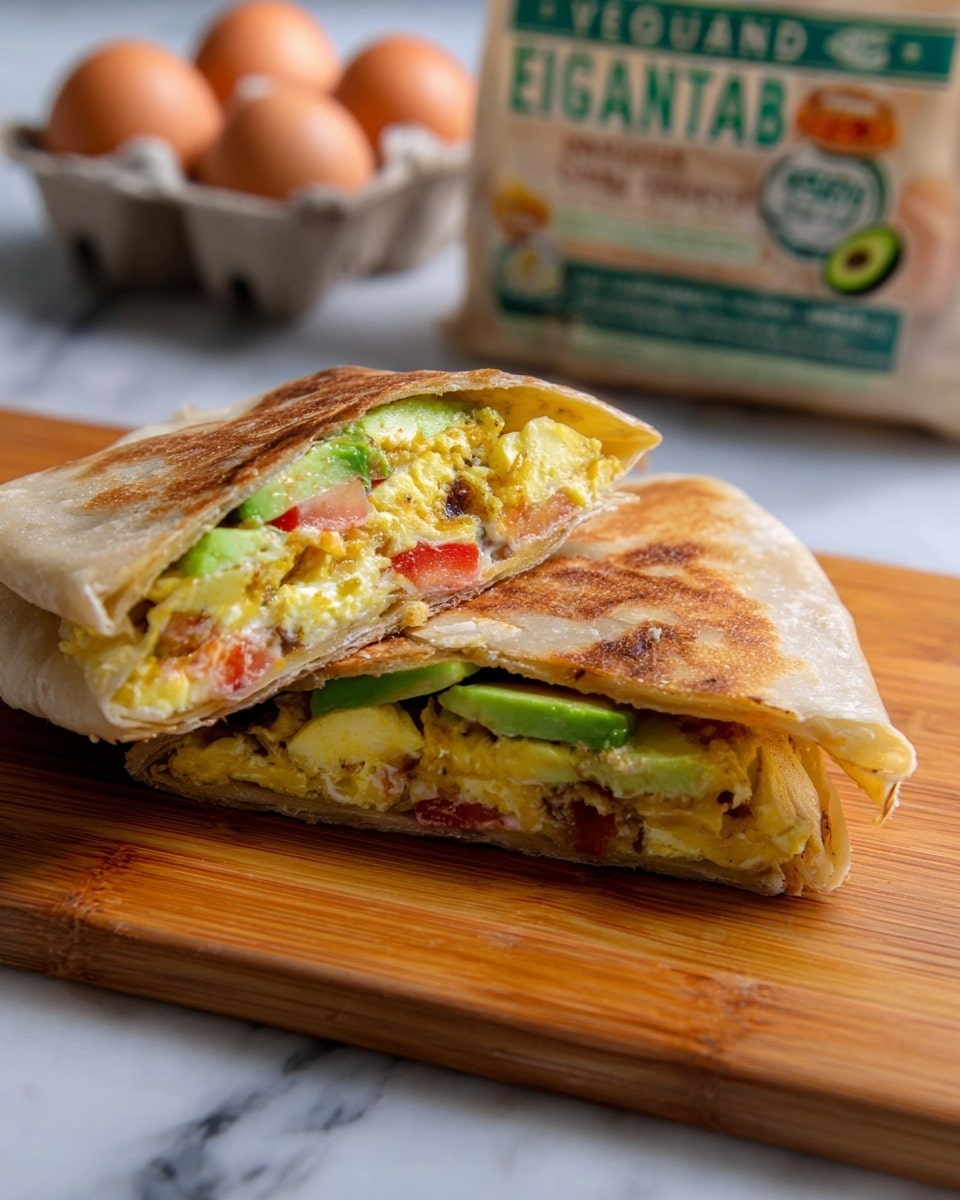 A close-up image shows two triangular halves of a toasted wrap stacked on a light brown wooden board. The wrap has a golden-brown slightly crispy outer layer. Inside, visible layers include a light yellow egg mix with bits of orange carrot, a layer of melted white cheese, and thin slices of green zucchini. The background features a blurred carton of organic eggs, placed on a white marbled surface. photo taken with an iphone --ar 4:5 --v 7