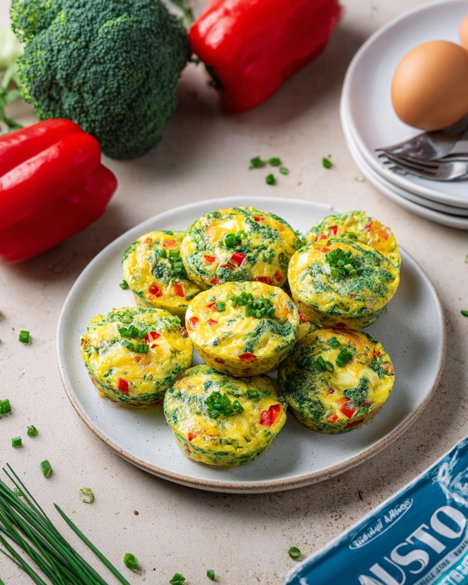 A white round plate holds nine mini egg frittatas arranged close together in a loose pile, each about one layer thick with a mix of yellow, green, and red colors from cooked eggs, chopped green herbs, and small pieces of red bell pepper. The frittatas have a slightly textured surface with specks of green herbs and bright red pepper scattered evenly inside. The plate is on a light beige surface with scattered chopped green herbs around it. Nearby on the surface, there are two whole red bell peppers, a head of broccoli, a partially visible blue carton of eggs, and a small white plate with two forks on it. Green leaves are partly visible in the bottom left corner. photo taken with an iphone --ar 4:5 --v 7