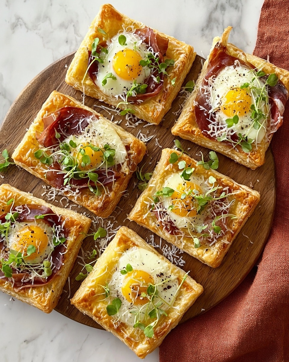 Six rectangular puff pastry tarts are arranged on a round wooden board. Each tart has three main layers: a light golden, flaky puff pastry base; melted yellow cheddar cheese spread unevenly on the pastry; and different toppings on each tart. Four tarts have a sunny-side-up egg with a bright yellow yolk and clear white edges, thin slices of cured meat beneath the egg, and small green microgreens sprinkled on top along with grated white cheese. Two tarts have melted cheddar and cured meat pieces, topped with green microgreens and grated white cheese but no egg. The board sits on a white marbled surface with a burnt orange cloth on the side. Photo taken with an iphone --ar 4:5 --v 7