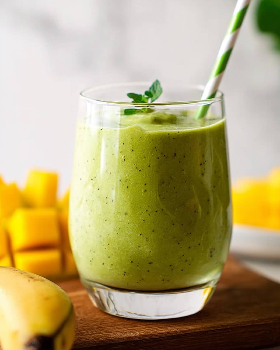 A clear glass filled with a thick, creamy bright green smoothie that has small dark green flecks throughout, topped with a small green mint leaf garnish and a green and white striped paper straw placed in it from the top. The glass is set on a wooden surface with a whole yellow banana and some yellow mango chunks visible around it, all against a white marbled background. photo taken with an iphone --ar 4:5 --v 7