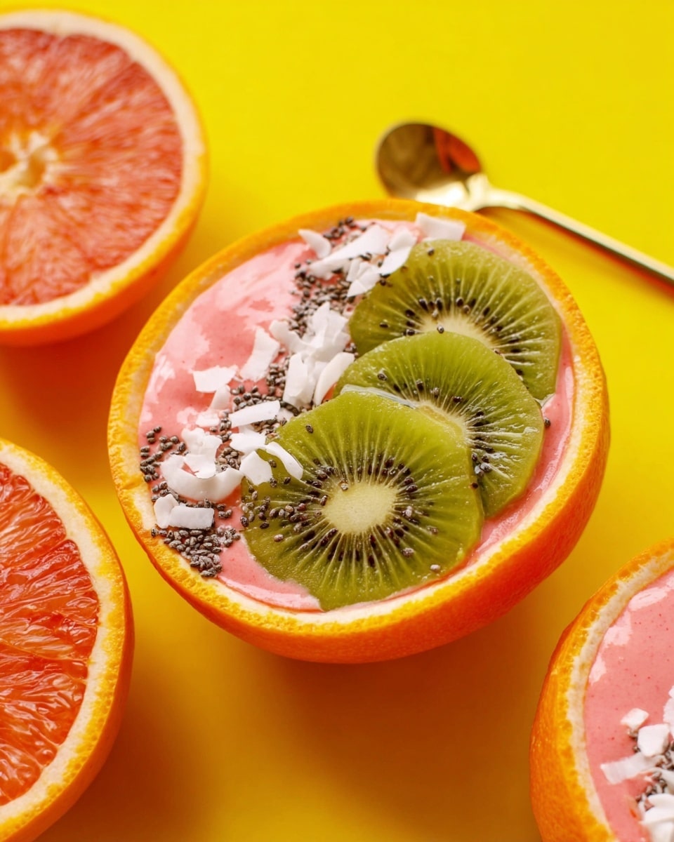 The image shows a smooth pink smoothie served inside hollowed-out orange halves acting as bowls. Each orange bowl is topped with neatly sliced green kiwi pieces arranged on one side, white coconut flakes scattered around, and small black chia seeds sprinkled on top. These bright orange bowls are placed on a bright yellow surface, with a gold spoon gently laid next to one orange bowl. The overall look is fresh, colorful, and inviting. photo taken with an iphone --ar 4:5 --v 7