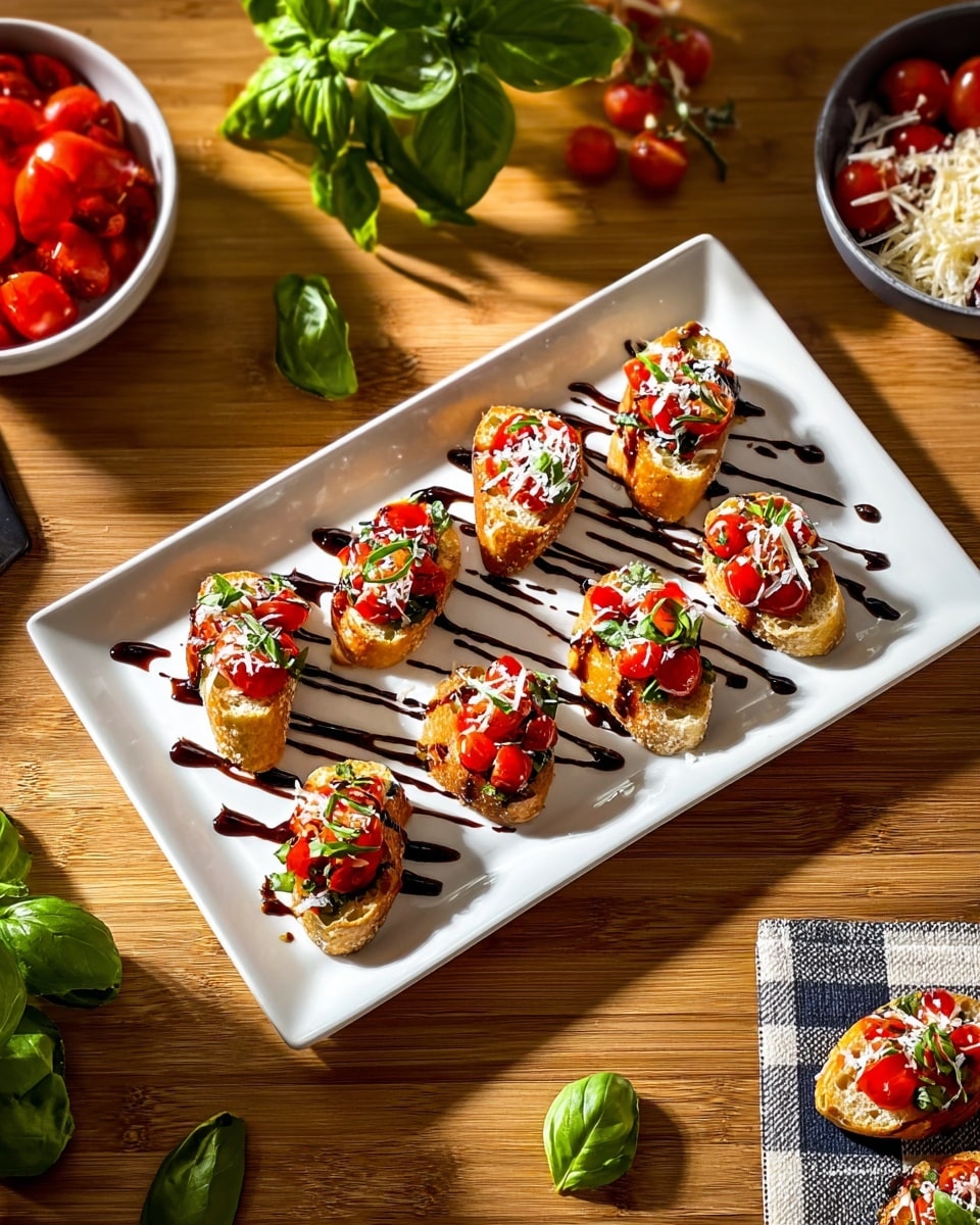 The image shows a white rectangular dish holding eight pieces of bruschetta arranged in two rows. Each bruschetta has a golden-brown toasted bread base topped with chopped red cherry tomatoes, fresh green basil leaves, and small white cheese shreds. A dark balsamic glaze is drizzled in zigzag lines over the bruschettas and plate. The dish is set on a white marbled texture, with bowls of fresh basil leaves, shredded cheese, and a tomato mixture placed nearby, along with whole cherry tomato clusters and a glass of dark liquid. One bruschetta sits on a white plate on a black-and-white checkered napkin near the bottom right corner. photo taken with an iphone --ar 4:5 --v 7