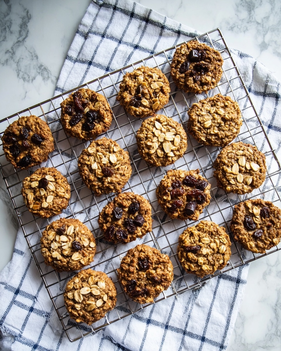 There are twelve round oatmeal cookies cooling on a black wire rack that sits on a blue and white checkered cloth over a white marbled surface. The cookies have a rough, crumbly texture and are golden brown with various toppings: some have dark chocolate chips scattered on top, some are decorated with raisins, and others have small chopped nuts. Each cookie is one layer thick and the colors include golden brown, dark brown, and creamy white from the nuts. photo taken with an iphone --ar 4:5 --v 7