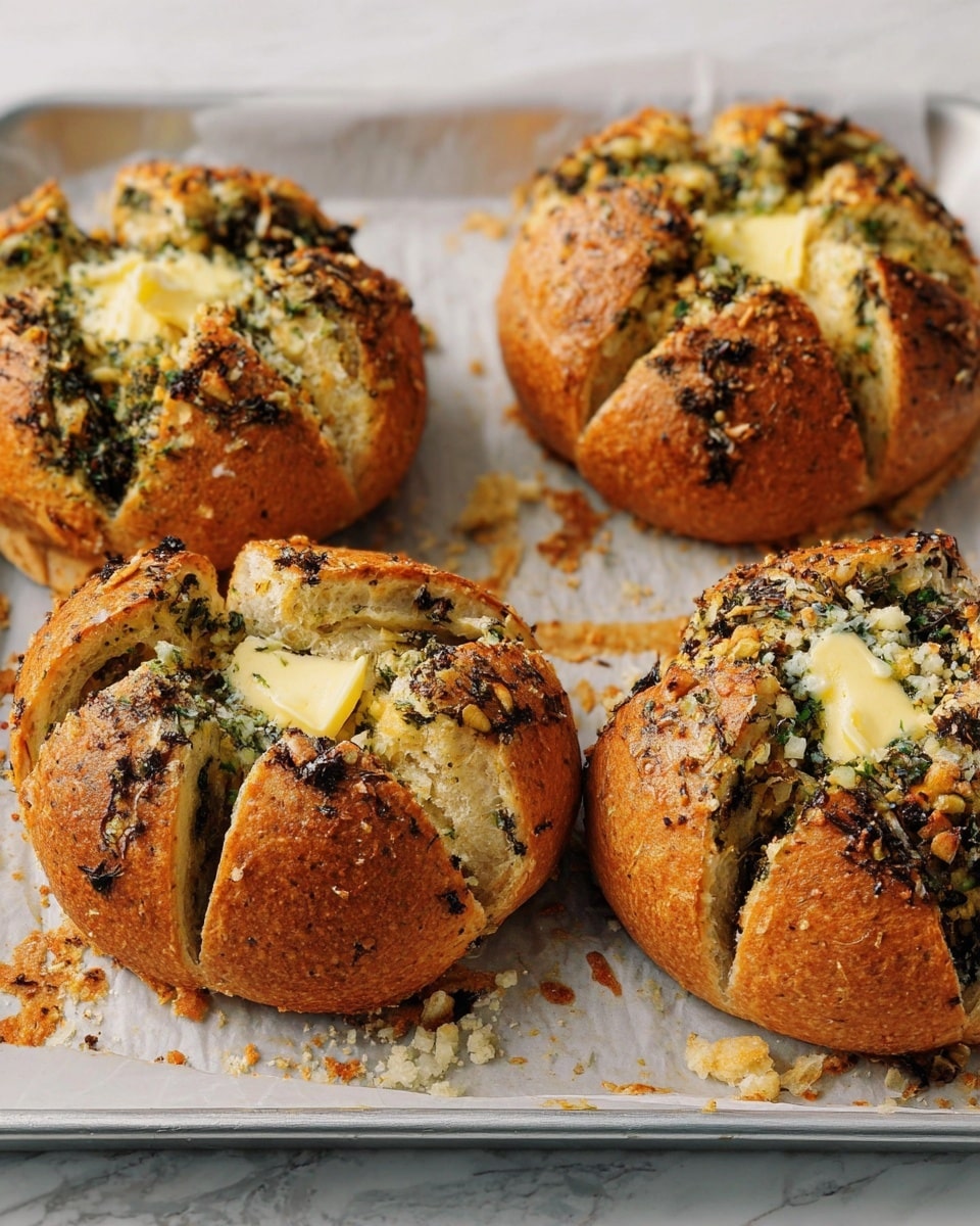 Four round bread rolls are baked on a tray lined with parchment paper on a white marbled surface. Each roll is cut into segments from top to bottom without cutting all the way through, showing an inner filling of finely chopped herbs and melted cheese. The outer crust is golden brown and crispy, sprinkled with herbs and small bits of garlic or seasoning. The center of each roll holds a small dollop of soft, melting butter that adds a creamy pale yellow contrast to the darker herb filling and crispy crust. The tray has some browned crumbs and melted cheese spots around the rolls, suggesting fresh baking. photo taken with an iphone --ar 4:5 --v 7