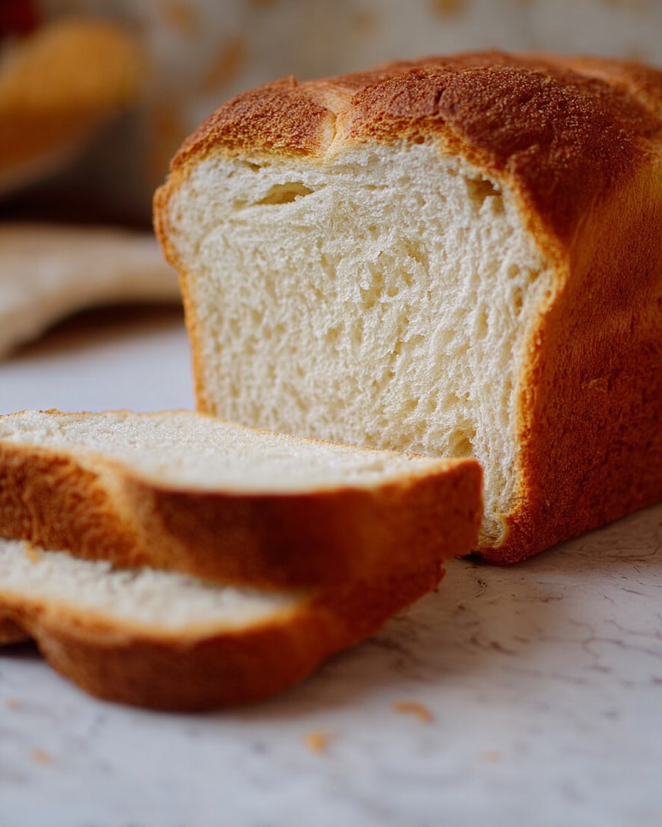 The image shows a loaf of white bread with a golden brown crust and soft, fluffy white inside. The loaf is partially sliced, with three thick pieces lying flat beside it. The texture of the bread is light and airy, and crumbs are scattered on the white marbled surface underneath. In the background, there is a blurred green surface and other indistinct objects, adding depth but keeping the focus on the bread. Photo taken with an iphone --ar 4:5 --v 7