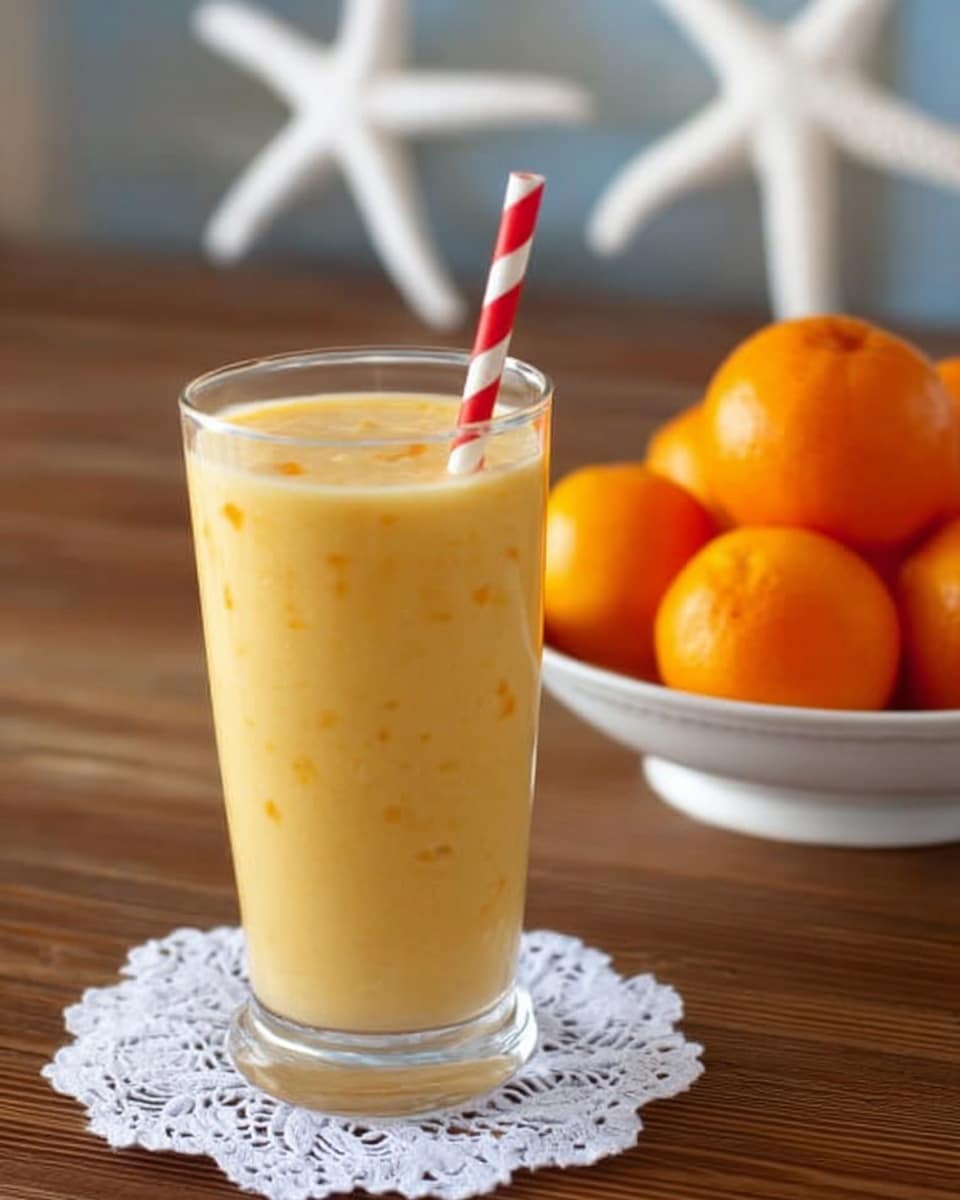 A clear, tall glass filled with a light yellow smoothie that has small bits of fruit inside; a red and white striped straw is placed upright in the smoothie. The glass sits on a white lace doily on a dark wooden table, with a white bowl full of bright orange oranges in the background to the left, and two white starfish decorations on the right side of the table. The surface is edited to appear as a white marbled texture. photo taken with an iphone --ar 4:5 --v 7