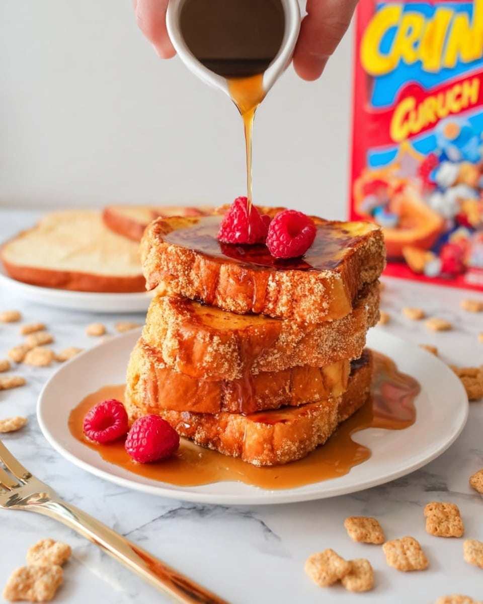 A stack of four thick, golden-brown French toast slices sits centered on a white plate, each slice showing a slightly crispy, textured crust. Two bright red raspberries rest on top of the stack, with a woman's hand pouring golden syrup from a small brown and beige ceramic pitcher over them, the syrup flowing down the sides of the toast. Scattered around the plate are small, light orange square cereal pieces resembling Cap'n Crunch. In the background, a white plate holds several slices of white bread, and a bright red Cap'n Crunch cereal box is visible. The scene is set on a white marbled surface with more cereal pieces and raspberries spread around, and a fork and knife placed to the right of the plate. photo taken with an iphone --ar 4:5 --v 7