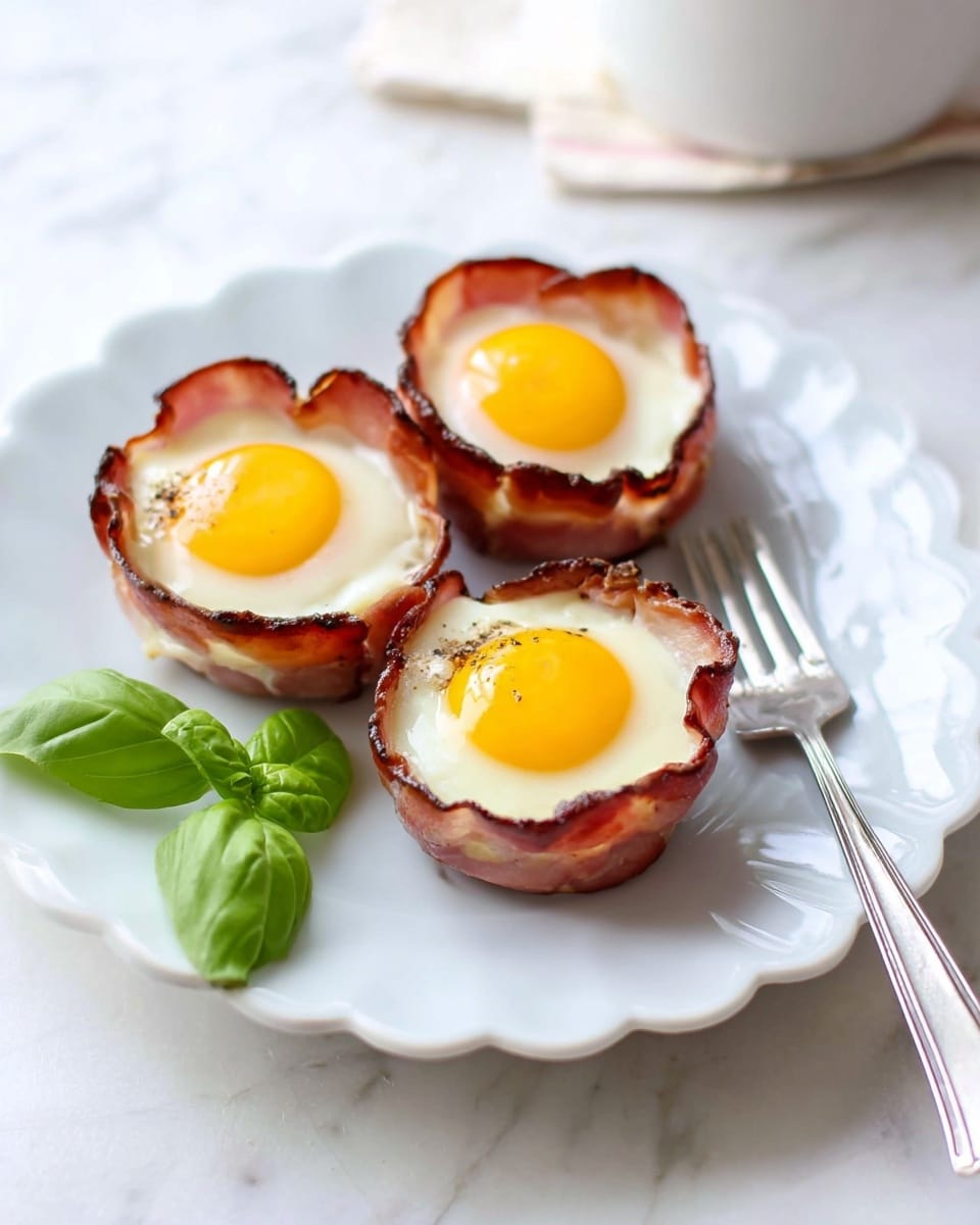 Three small egg cups are made with crispy brown ham forming the outer layer, holding smooth, white cooked egg whites with bright yellow, round yolks in the center. They are placed on a white plate, arranged close together, accompanied by a small bunch of fresh green basil leaves on the side. A silver fork rests next to the egg cups on the plate. The plate sits on a white marbled surface, with a slightly blurred dark muffin tin in the background. photo taken with an iphone --ar 4:5 --v 7