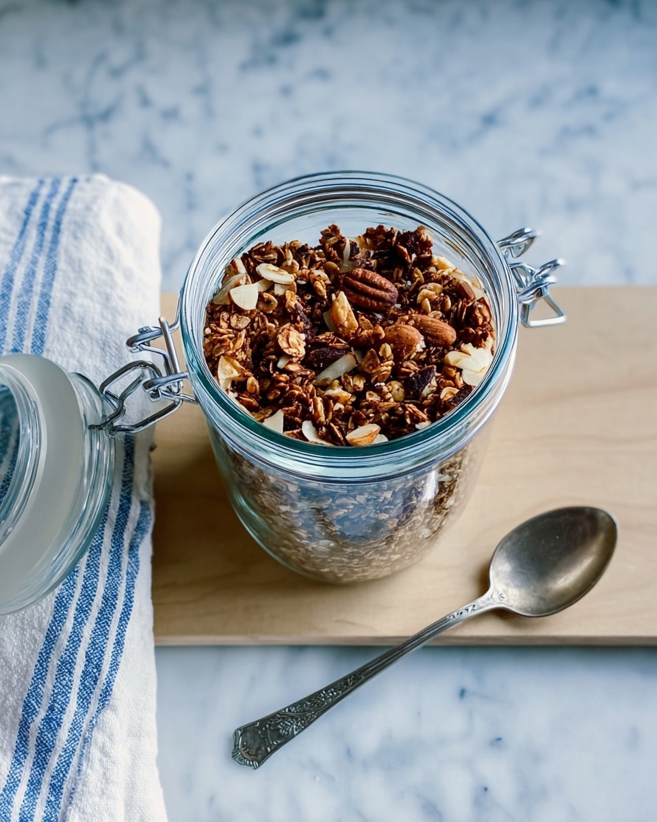 This image shows a clear glass jar filled with granola, which looks crunchy and textured with layers of dark brown oats, whole almonds, and light beige clusters. The granola is chunky and uneven, tightly packed inside the jar. The jar has metal clasps on the sides and is placed on a white marbled surface next to a white cloth with a blue stripe, and to the right, there is a small silver spoon. The lid of the jar is open and resting back, showing the granola from above. photo taken with an iphone --ar 4:5 --v 7