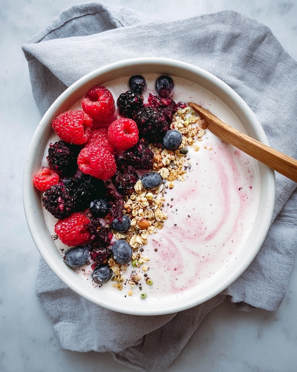 A white bowl filled with a creamy yogurt base swirled with pink berry sauce creating a marbled effect, topped with a mix of fresh red raspberries, strawberries, blackberries, and blueberries arranged mostly in the center, and sprinkled with a mix of small light-colored seeds and dark cacao nibs, placed on a soft white cloth on a white marbled surface, with a small wooden spoon resting on the edge of the bowl. photo taken with an iphone --ar 4:5 --v 7