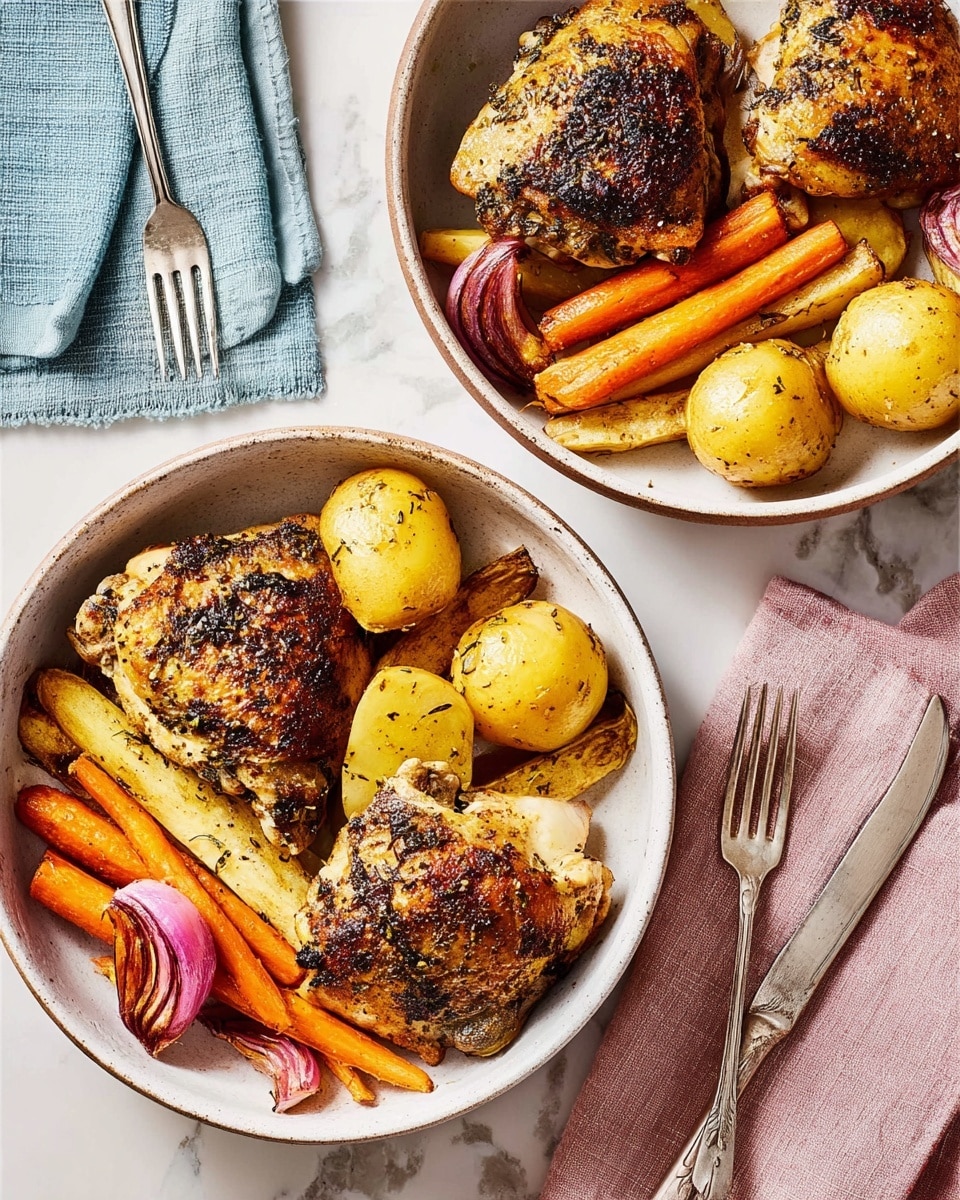 The image shows two white bowls placed on a white marbled surface. Each bowl contains two pieces of golden-brown, grilled chicken thighs with crispy skin and visible herbs. One bowl includes round roasted yellow potatoes and long roasted orange carrots arranged beside the chicken, with some small red onion pieces scattered around. The other bowl has similar roasted potatoes along with light yellow parsnips, also mixed with red onion slices. A silver fork is placed near the top left, above a light blue cloth, and on the bottom right, there is a fork and knife resting on a folded light pink napkin. The lighting highlights the textures and colors of the food. photo taken with an iphone --ar 4:5 --v 7