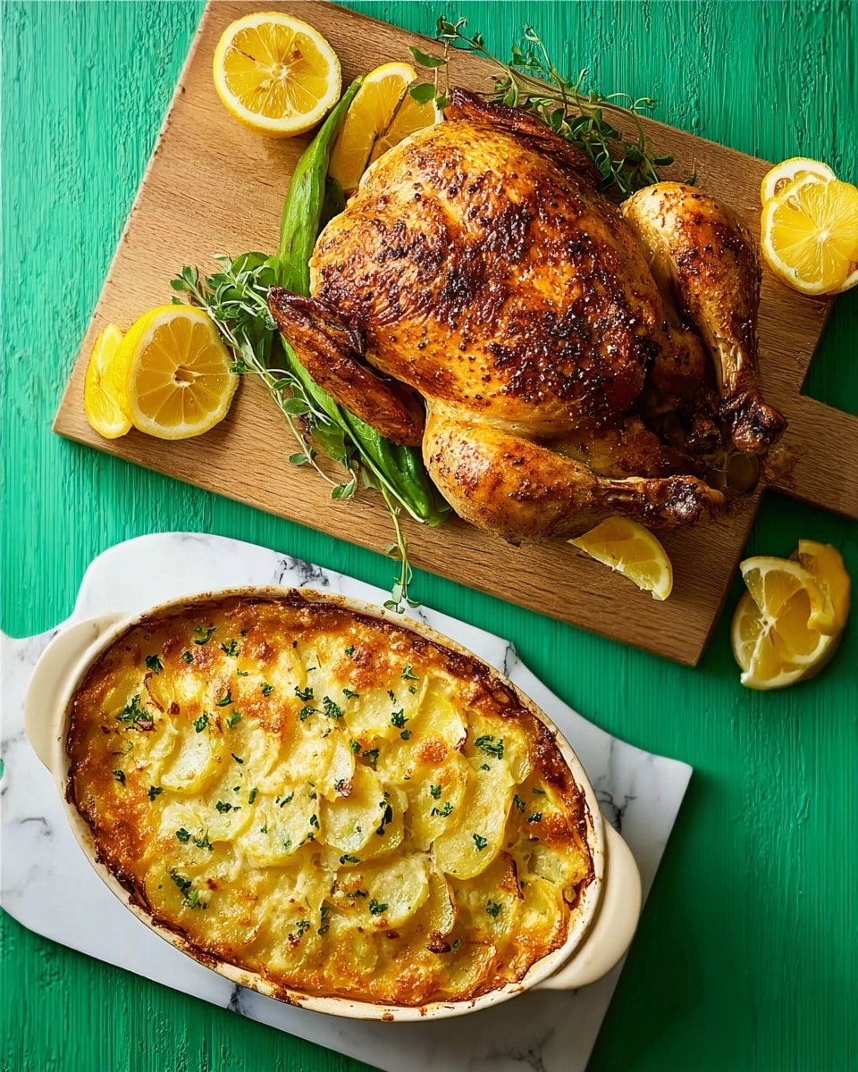 A whole roasted chicken with golden, crispy skin sits on a wooden cutting board, garnished with fresh green herbs tucked inside and bright yellow lemon slices arranged around it. Next to it, a creamy scalloped potato dish is presented in a white oval baking dish. The potato layers are thinly sliced, visible under a browned, bubbly cheese crust, sprinkled with small green herb leaves. Both dishes rest on a vibrant green surface with a white marbled texture underneath. Photo taken with an iphone --ar 4:5 --v 7