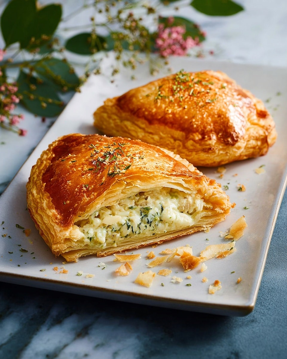 Two golden brown puff pastries with a shiny, crispy top layer sit on a white rectangular plate. One pastry is cut open, showing three layers inside: a flaky outer crust, a thick pale yellow filled middle that looks like chicken, and a creamy white sauce with green herbs oozing out. Small flaky crumbs are scattered around the pastries on the plate. The plate is placed on a white marbled surface with some green leaves and small pink flowers to the side. photo taken with an iphone --ar 4:5 --v 7