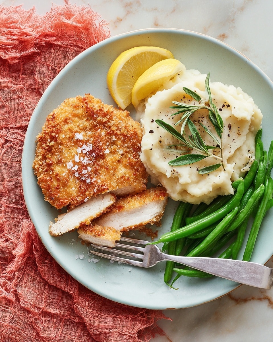 A white plate holds a meal with three main parts: on the left is a golden-brown breaded chicken cutlet, slightly cut to show white meat inside, with coarse salt sprinkled on top; in the center is a creamy, off-white scoop of mashed potatoes, topped with fresh green rosemary leaves and black pepper; on the right is a small pile of bright green beans. Three lemon wedges are placed near the mashed potatoes and beans, with one wedge resting beside a silver knife on the plate's edge. A fork touches the chicken, and the scene is set on a white marbled surface with a coral-colored textured cloth beneath the plate. photo taken with an iphone --ar 4:5 --v 7