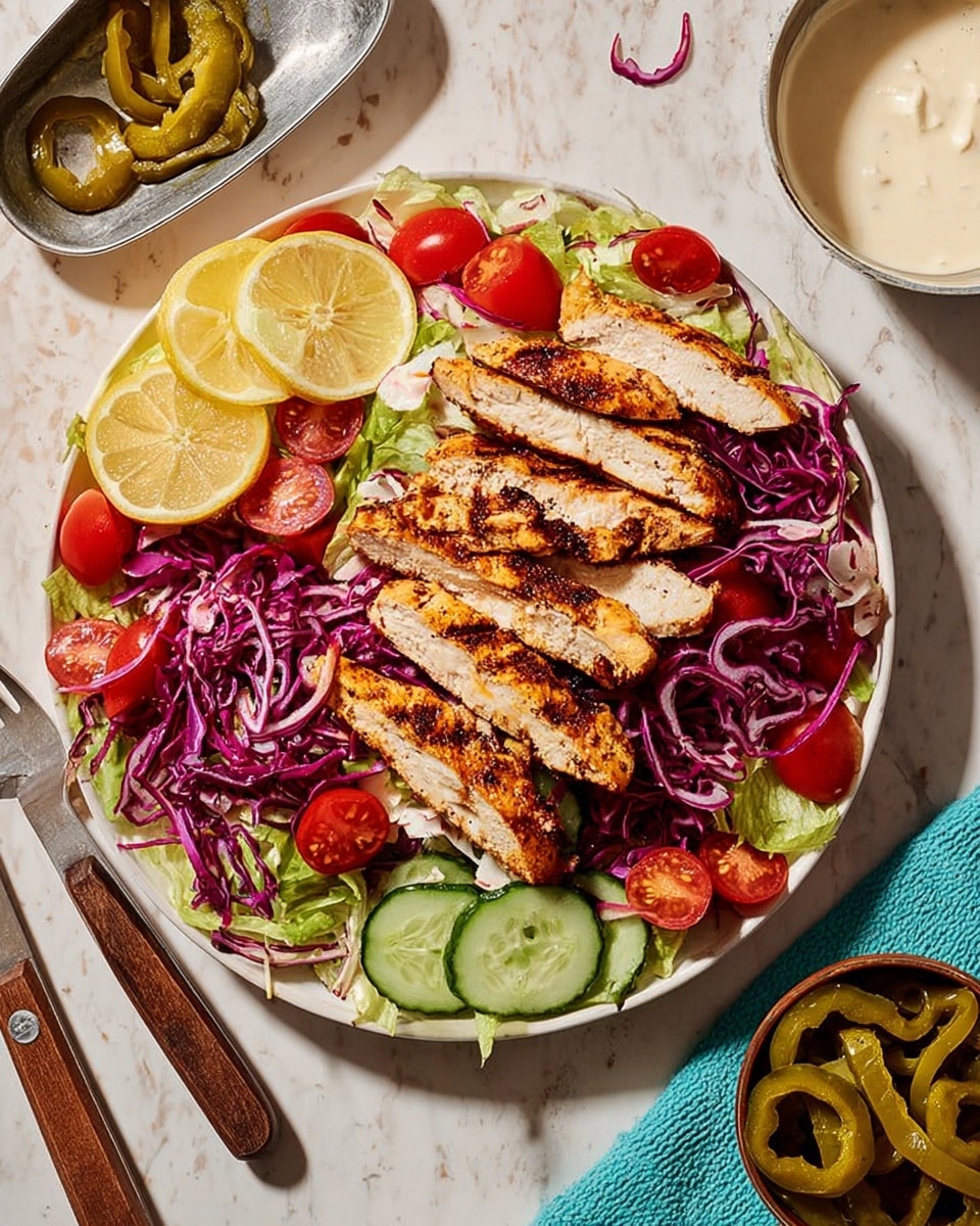 The image shows a dish on a white plate with grilled chicken slices placed on top of a salad made of shredded purple cabbage, green lettuce, sliced cucumbers, and halved red cherry tomatoes. Two lemon wedges sit on the side of the plate near some lettuce. The chicken pieces are grilled with visible black pepper and char marks. Next to the plate, there are small bowls, one with pickled yellow peppers and another with a white creamy sauce. A fork and knife with wooden handles rest on the plate near the chicken. The background surface is a white marbled texture. photo taken with an iphone --ar 4:5 --v 7