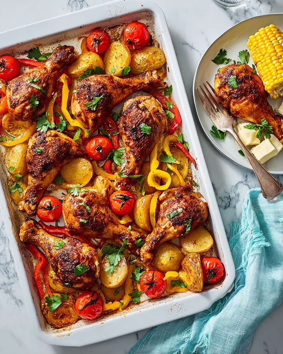 A white rectangular baking tray filled with six grilled chicken pieces, including drumsticks and thighs, with a golden-brown, slightly charred skin. The chicken sits on a layer of sliced yellow potatoes and thinly sliced red and yellow bell peppers, mixed with whole roasted cherry tomatoes scattered throughout. Fresh green parsley leaves are sprinkled on top for color contrast. To the left side, a white plate holds a portion of the same dish with one chicken thigh, a small cob of corn with a pat of butter melting on top, and some potatoes and peppers. The tray and plate rest on a white marbled surface with a light blue cloth napkin to the right. photo taken with an iphone --ar 4:5 --v 7