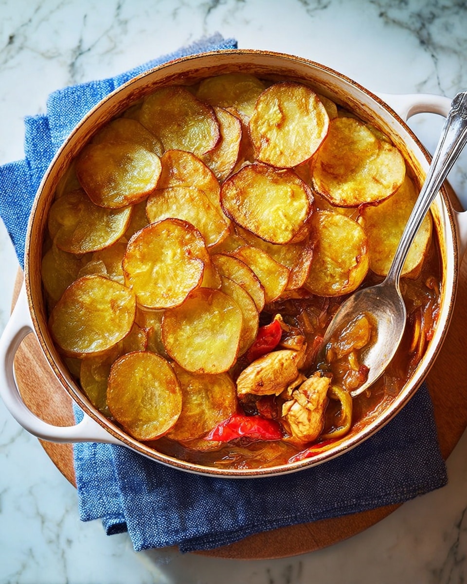 A round white pot filled with a layered dish where the top layer consists of thinly sliced golden-brown potato rounds arranged in a circular pattern with some pieces slightly curled and browned at the edges, beneath which there is a stew-like mixture of chunky chicken pieces, red bell pepper slices, and a thick brown sauce visible near the edges. The pot sits on a wooden board over a blue cloth on a white marbled surface, and a silver spoon is inside the pot resting on the side. Photo taken with an iphone --ar 4:5 --v 7