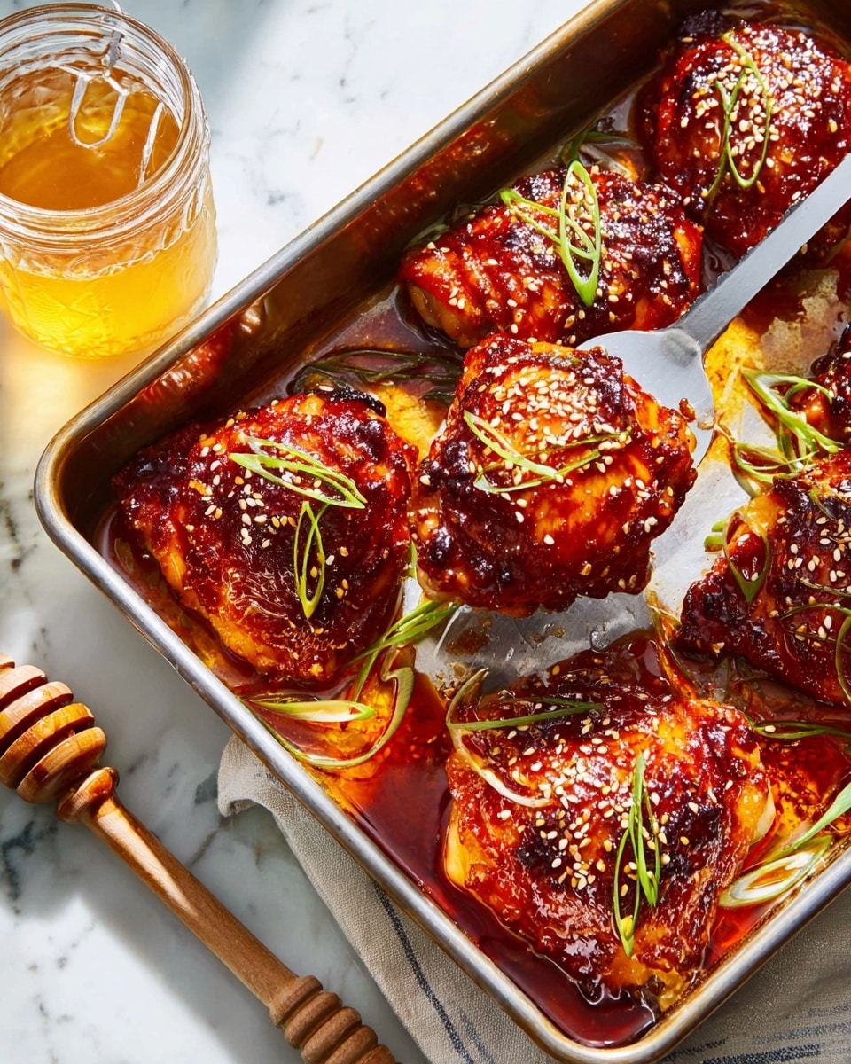 The image shows a metal baking tray filled with six pieces of baked chicken covered in a shiny, dark red sauce with charred edges. Each piece is garnished with light green curly strips of scallions and sprinkled with white sesame seeds. The chicken is arranged closely and some pieces show caramelized spots where the sauce has thickened. A silver spatula is lifting one piece of chicken from the tray. The tray sits on a white marbled surface, next to a jar of golden honey and a honey dipper. The scene is bright and colorful. photo taken with an iphone --ar 4:5 --v 7