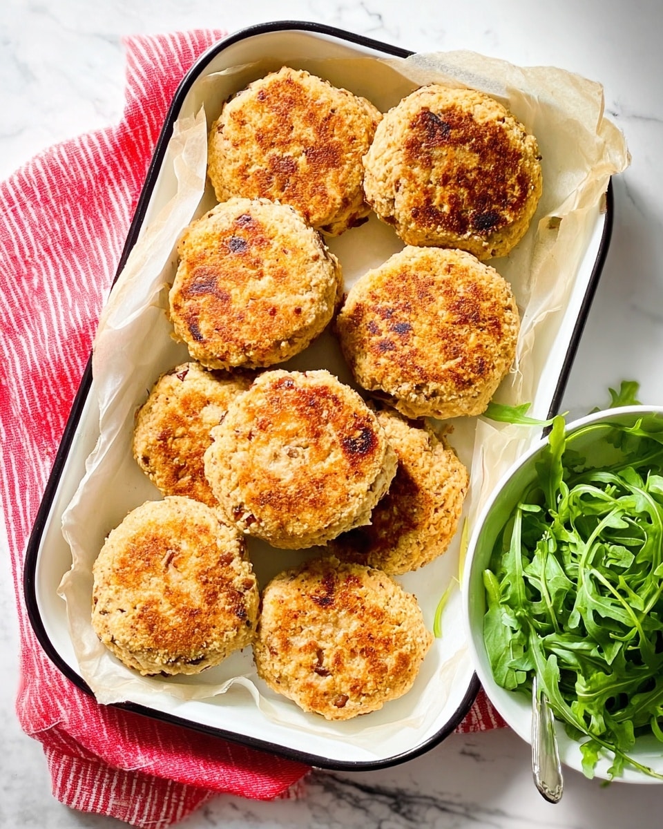 The image shows a white baking tray lined with white parchment paper, holding eight golden brown patties with a crispy texture on top, arranged in a scattered but neat layout. Each patty has a crumbly, slightly uneven surface suggesting a crunchy outer layer. To the right of the tray is a small white bowl filled with fresh, bright green leafy herbs or salad greens. The tray and bowl sit on a bright yellow surface with a red and white striped cloth partially visible on the right edge. The lighting is soft and natural, casting gentle shadows. Photo taken with an iphone --ar 4:5 --v 7