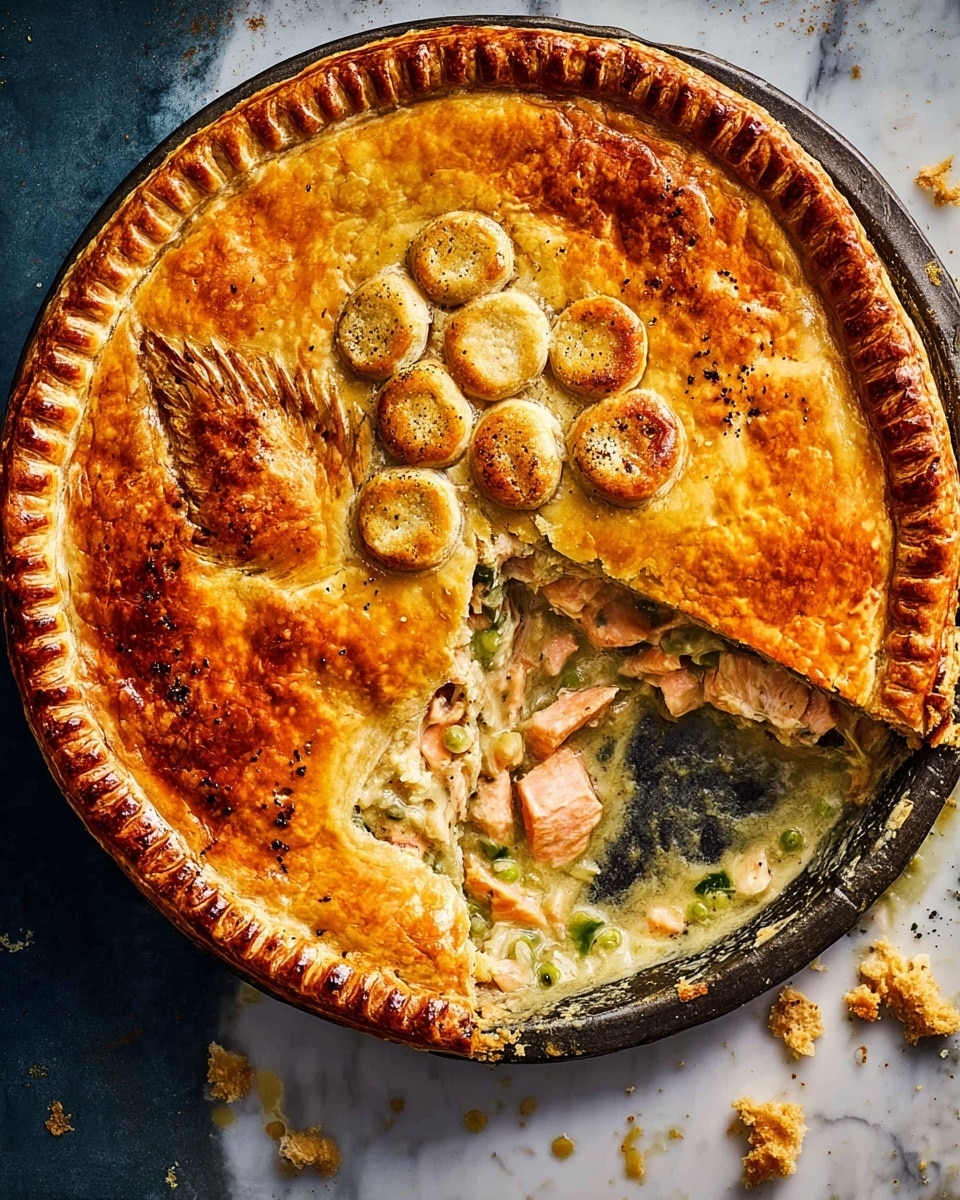 A golden brown pie with a thick, cracked top crust sits in a dark round metal pan, partially cut to show a creamy filling with chunks of pink salmon inside. The pie crust is decorated with small round dough pieces arranged in a floral pattern near the center, and the edges are pressed with fork marks creating a textured border. Some creamy filling has spilled slightly onto the side of the pan, and there is a round, white marbled textured surface below. A slotted spoon with baked cheese bits rests to the left side of the pan. photo taken with an iphone --ar 4:5 --v 7