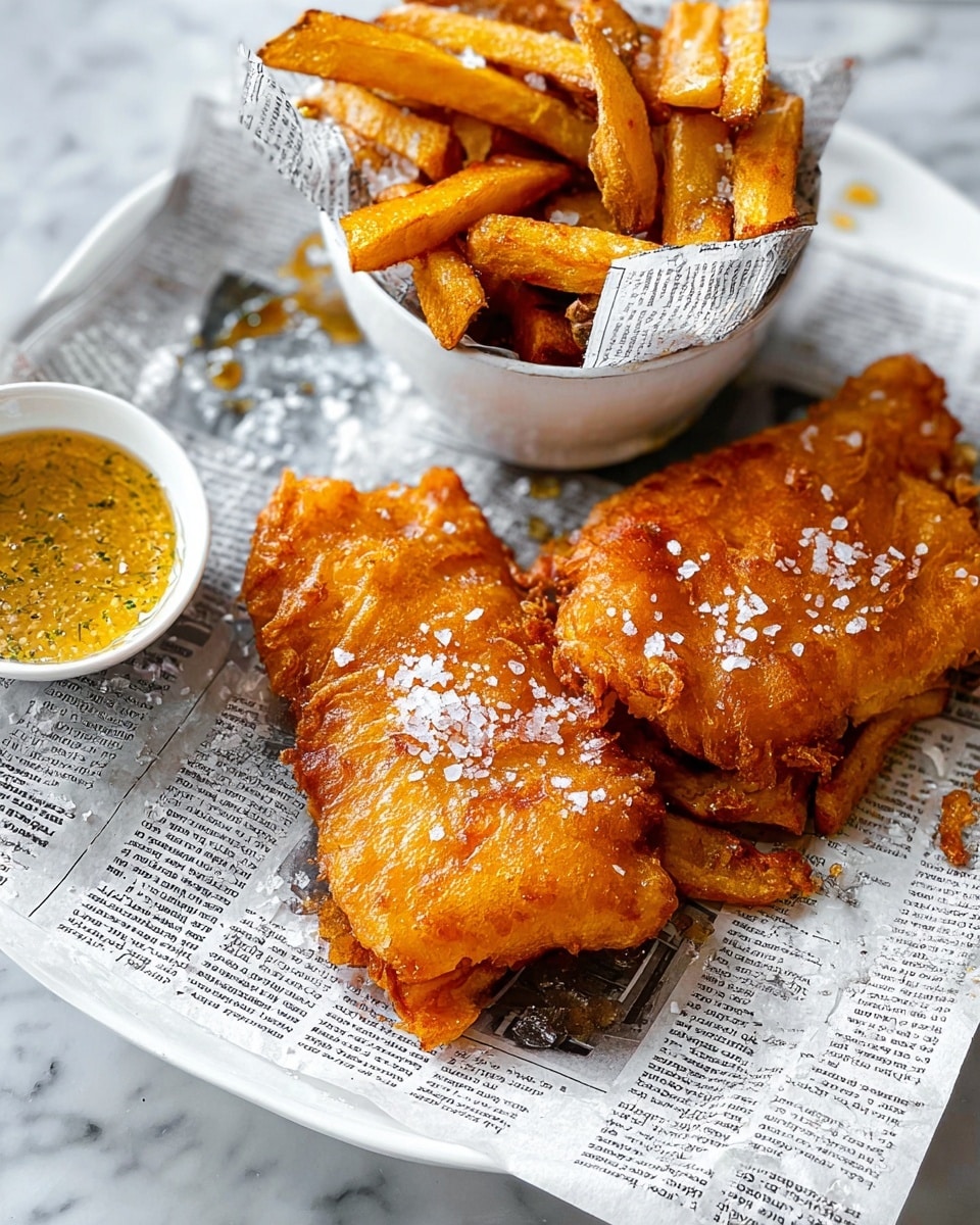 The image shows two pieces of golden brown fried fish with a crispy texture, placed on a white plate lined with newspaper print. The fish has light flakes of salt on top and some small crunchy bits around them. Next to the fish is a small white bowl filled with thick, golden fried potato chips that also have a sprinkling of salt. The white plate and bowl sit on a white marbled surface, creating a clean background. photo taken with an iphone --ar 4:5 --v 7