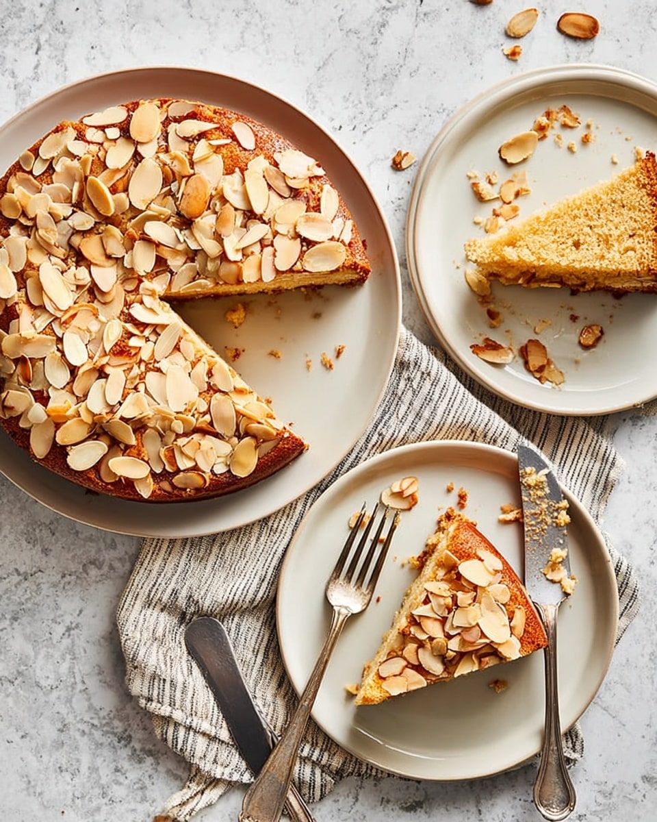 A round almond cake with a golden brown crust sits on a white plate on the right, topped generously with toasted almond slices covering about half the surface. Two slices are cut from the cake, revealing a soft, pale yellow interior with visible almond pieces. One slice is placed on a white plate near the cake, topped with toasted almond slices and a fork resting beside it over a beige cloth. Another smaller slice is on a white plate above, showing a moist inside with almond bits. A silver cake server with cake crumbs lies next to the plates on a white marbled background with a beige striped cloth beneath the cake. Photo taken with an iphone --ar 4:5 --v 7