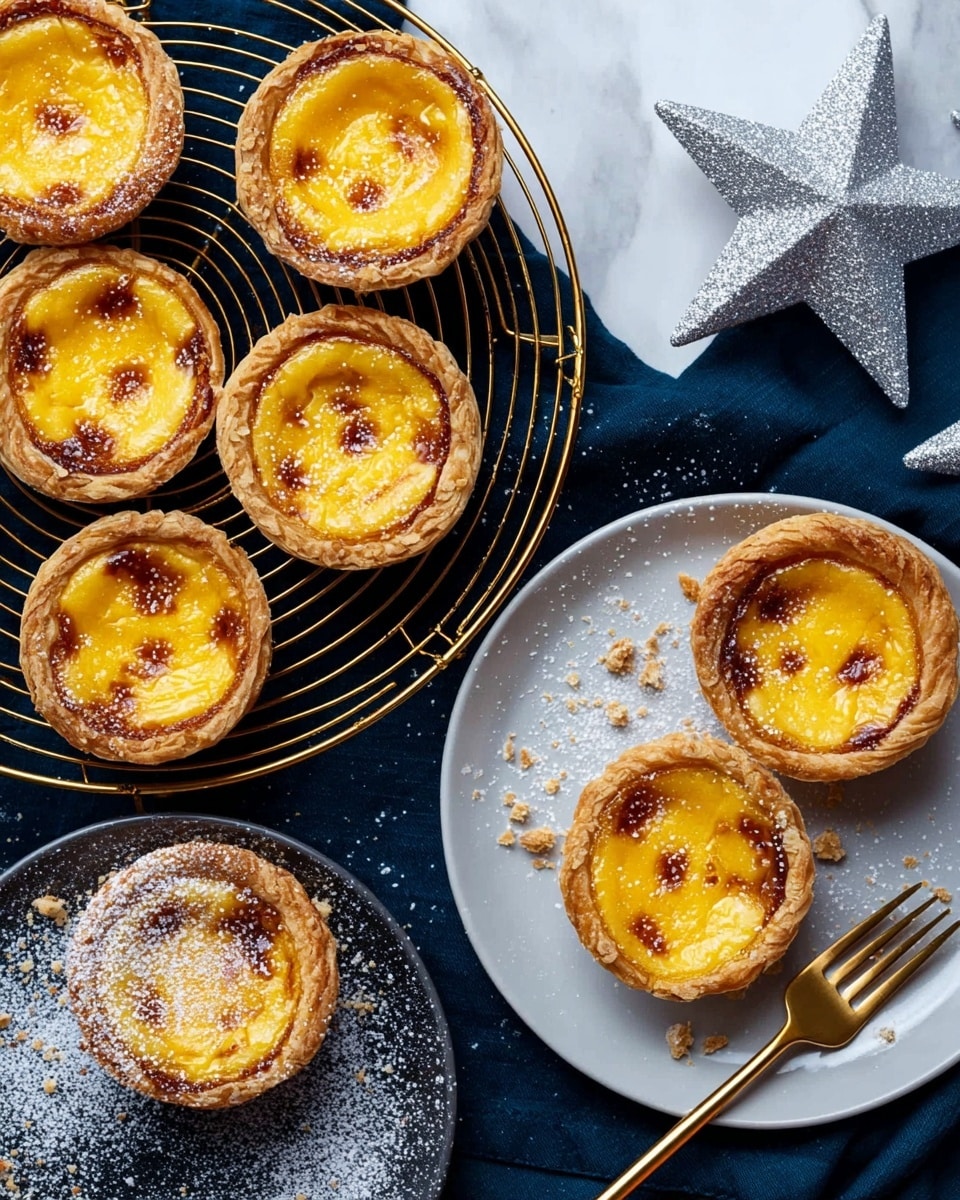 Several Portuguese egg tarts with golden yellow creamy filling and slightly burnt spots on top are shown. The tarts have a thick, flaky light brown crust that holds the smooth, custard-like center. Five tarts sit on a golden wire rack, and three more are placed on two white plates, each with minor crumbs and powdered sugar scattered around. A silver fork rests on one plate, and a sparkly silver star decor lies nearby on a white marbled surface. The overall scene is arranged on a dark cloth background that contrasts with the bright colors of the tarts. Photo taken with an iphone --ar 4:5 --v 7