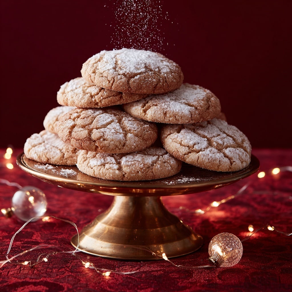 A stack of ten round brown cookies with cracks on the surface is placed on a shiny gold cake stand in the center of the image; the cookies are sprinkled with white powdered sugar falling from above, creating a light dusting on them. The background is deep red, and the stand is on a red textured fabric, with a small transparent glass ornament and a thin string of small fairy lights nearby. Photo taken with an iphone --ar 4:5 --v 7