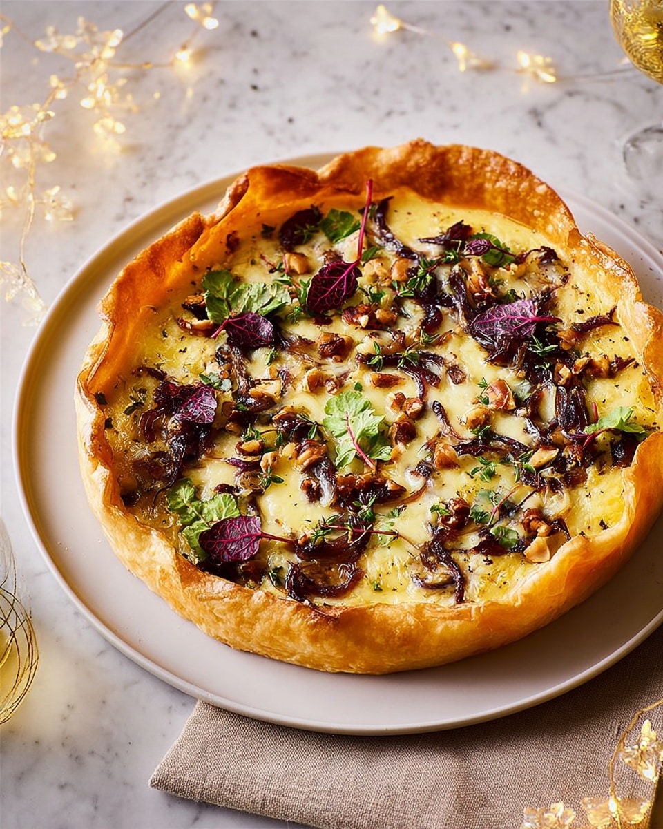 A rustic round pastry tart with a golden-brown flaky crust folded unevenly around the edges, topped with a creamy layer of melted pale yellow cheese. Scattered on top are small pieces of dark red jam or sauce, chunks of light brown nuts, thin slices of white cheese, and small green and purple leafy herbs placed evenly across the tart. The tart is served on a simple white plate resting on a white marbled surface, with a soft beige cloth napkin nearby and warm yellow fairy lights in the background adding a cozy feel. photo taken with an iphone --ar 4:5 --v 7