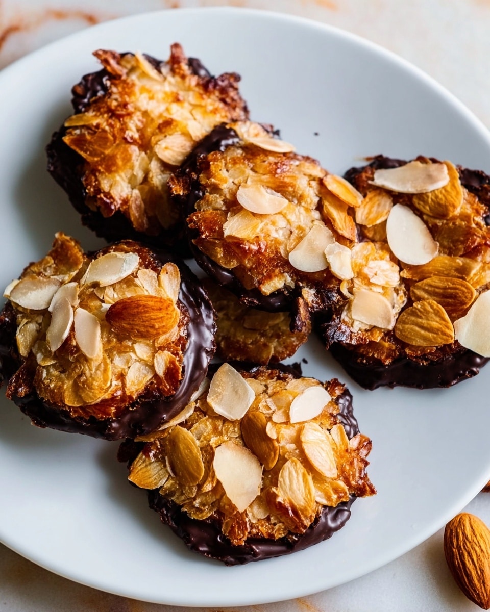 The image shows five almond florentines, four placed on and around a white plate on a white marbled surface. Each florentine has two layers: the base layer is dark brown, glossy, and chocolate-coated, with a slightly uneven texture around the edges, while the top layer consists of golden brown, shiny, toasted almond slices that appear crunchy and caramelized, covering the entire top surface of each cookie. The white plate holding four florentines has a simple round shape, with one florentine slightly overlapping another. The photo taken with an iphone --ar 4:5 --v 7