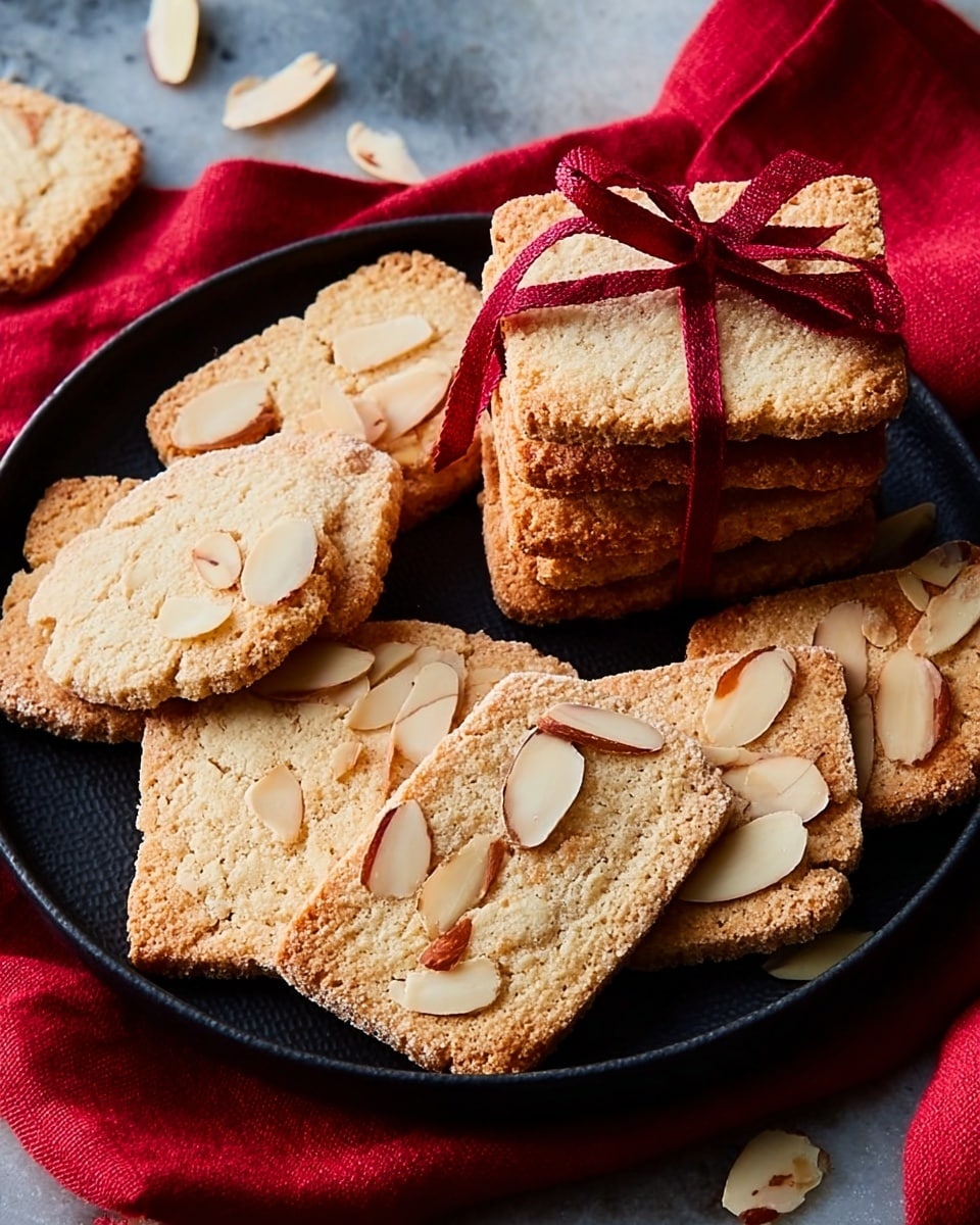 A black plate holds several rectangular almond cookies with a golden-brown color and lightly textured surfaces. Some cookies have sliced almonds on top, adding a slightly shiny cream color contrast, while others have a smooth baked look. In the center, a small stack of three cookies is tied together with a red ribbon, showing the layers clearly. The plate is placed on a red cloth over a white marbled surface, with a few scattered almond slices around for decoration. Photo taken with an iphone --ar 4:5 --v 7
