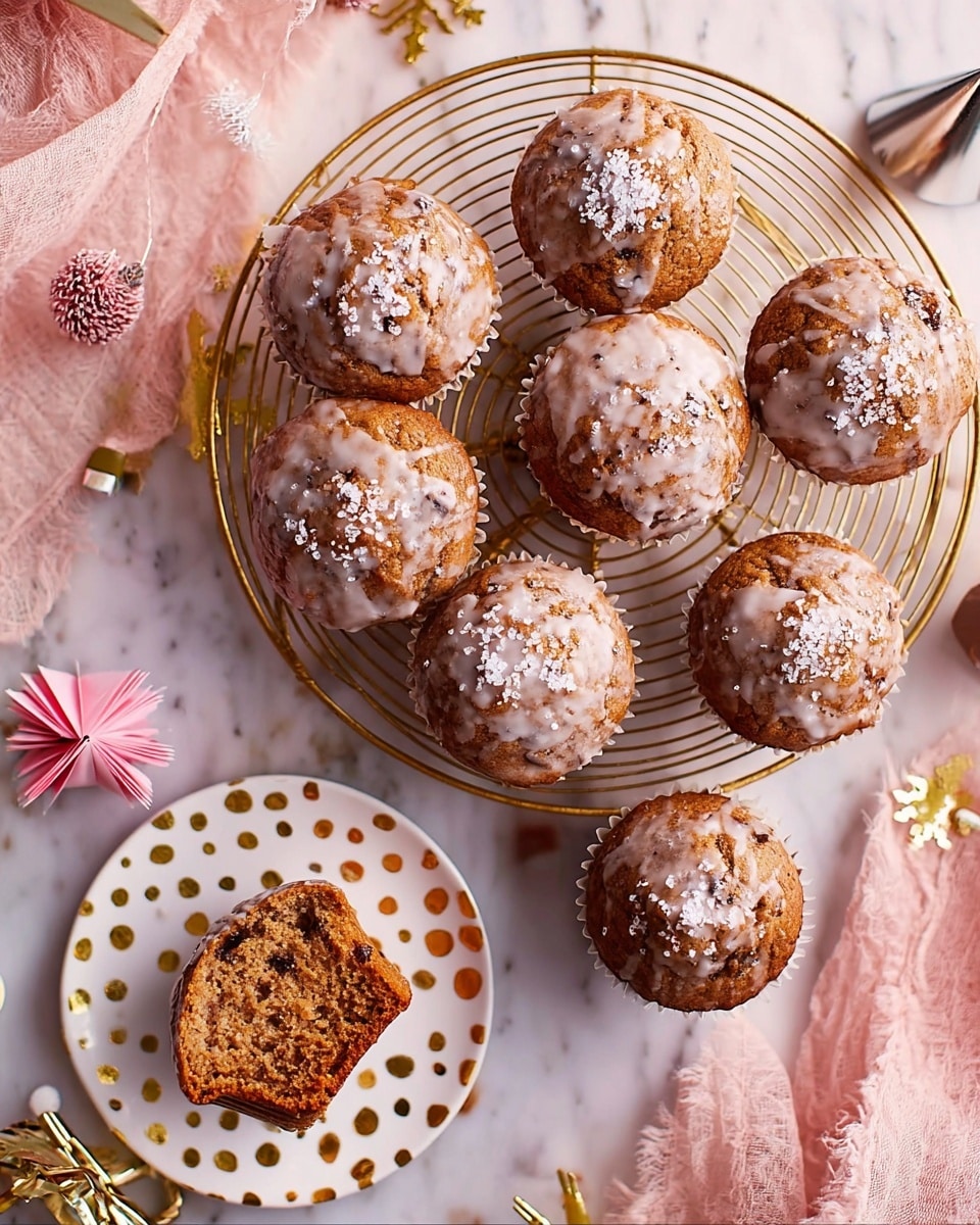 The image shows eight round muffins with a shiny light brown glaze on top, each sprinkled with coarse white sugar crystals. Seven muffins are arranged on a gold wire cooling rack over a white marbled background, with one muffin resting on a small white plate decorated with gold polka dots in the bottom left corner. Another white plate with gold polka dots holds a cut muffin, revealing a moist, crumbly brown inside with dark specks. There are soft pink and white party decorations and light pink fabric around the trays, creating a cozy festive feel. Photo taken with an iphone --ar 4:5 --v 7