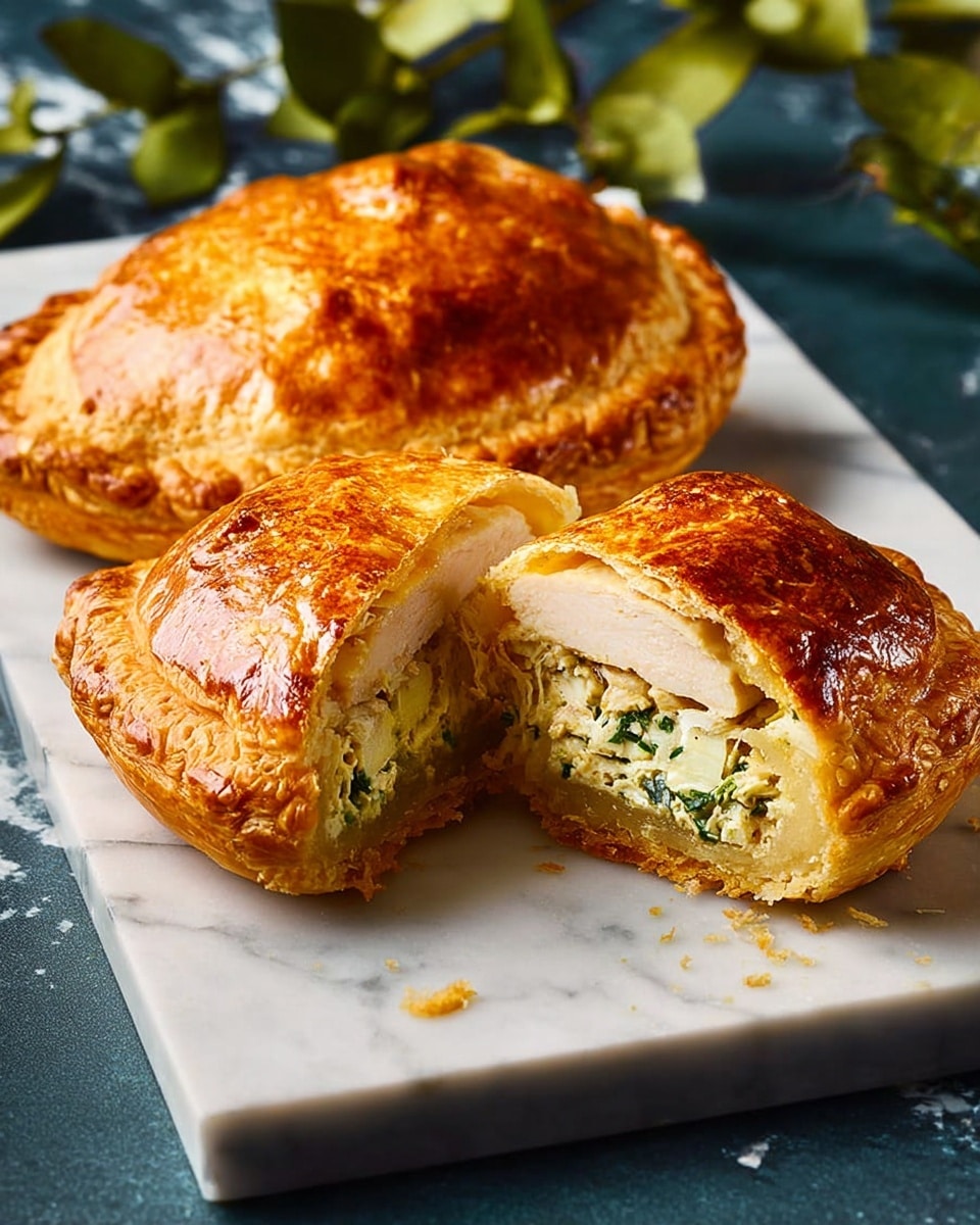 Two golden brown puff pastry pockets are placed on a white plate with a speckled texture, set on a white marbled surface. One pastry is whole and domed, while the other is cut open to reveal three layers inside: a soft cream-colored cooked chicken breast center, surrounded by a creamy herb sauce with small flecks of green, and the outer flaky, slightly shiny pastry crust that is light golden and crispy. Some flaky crumbs are scattered around the pastries on the plate. In the background, a small bunch of green leaves adds a touch of natural color. Photo taken with an iphone --ar 4:5 --v 7