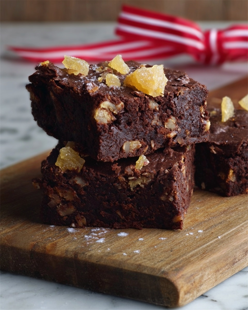 Two thick chocolate brownies stacked unevenly on a rustic wooden board with small pieces of candied fruit sprinkled on top and embedded inside the brownies. The brownies have a dark brown color with a dense, slightly crumbly texture and irregular edges. The background shows a hint of a white marbled surface and a blurred gift box with a red and white ribbon. Photo taken with an iphone --ar 4:5 --v 7