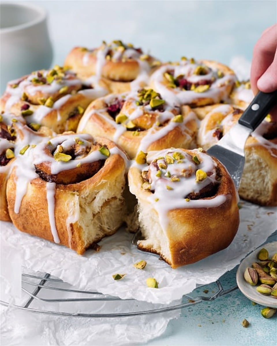 A close-up view of a tray of cinnamon rolls on parchment paper, each roll showing three to four spiral layers of golden brown dough with a soft, fluffy texture inside. The rolls are topped with smooth, white icing that drips slightly down the sides, and small pieces of chopped green pistachios are scattered on the icing adding color and texture. One roll is being lifted by a metal spatula, revealing the light and airy inside with some pistachios and small bits of dried fruit visible within the layers. The tray sits on a white marbled surface, with a white bowl of extra icing and a blue-handled knife nearby. The photo taken with an iphone --ar 4:5 --v 7