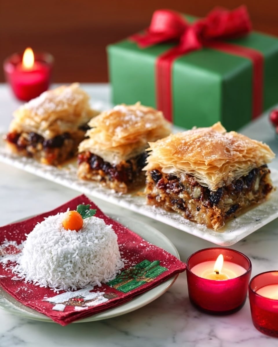 The image shows three slices of pie on a white rectangular plate, each slice with a golden brown flaky crust on top and a dark filling that looks like a mix of nuts and dried fruits, layered thickly. In front of this plate, there is a white round plate with a ball-shaped dessert covered in white coconut flakes and decorated with a small orange flower on top, placed on a red and green napkin with a white design. To the right, there is a round red plate holding two lit small red candles with white flames. The background features a green and red gift box with a big red ribbon on a wooden surface, and everything rests on a white marbled textured surface. photo taken with an iphone --ar 4:5 --v 7