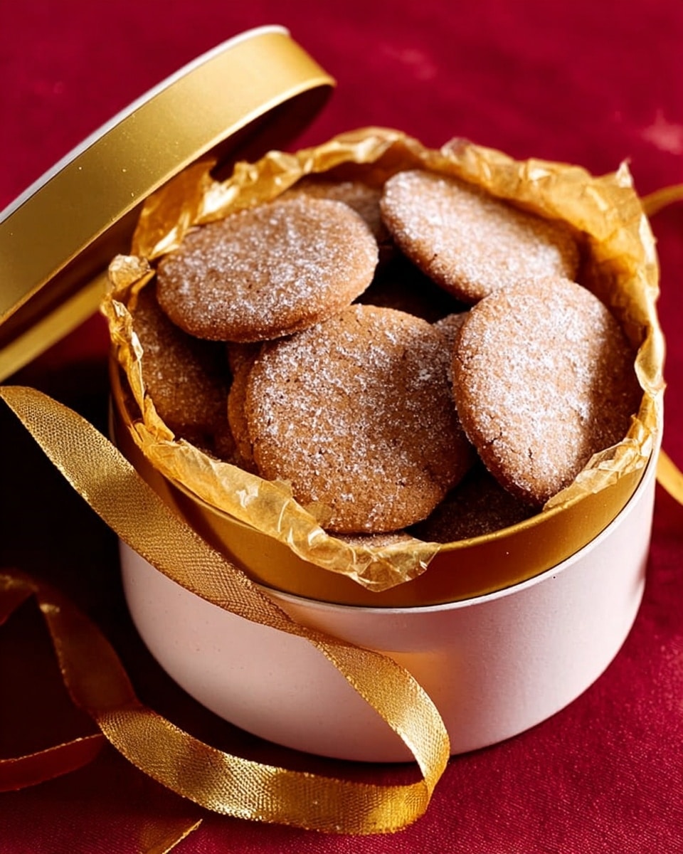 The image shows a round white gift box filled with soft cookies. The box is lined with gold tissue paper that peeks over the edges. Inside, there are two layers of round cookies, light brown in color with a thin white sugar glaze giving them a shiny look. The lid of the white box is resting tilted behind it. A gold ribbon with a shiny texture is wrapped around the box and laid out on a red background. The photo taken with an iphone --ar 4:5 --v 7