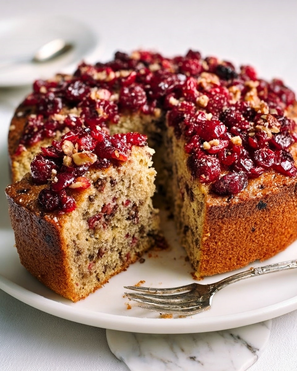 A tall, round cake with a dark brown crust sits on a white plate on a white marbled surface. The cake has two main layers inside: a moist, light brown crumb filled with small pieces of nuts and dried fruit, and a thick topping of bright red dried cranberries densely packed on top. One slice is cut out, showing the inside texture clearly, leaning against the cake, and a silver fork rests on the plate near the slice. photo taken with an iphone --ar 4:5 --v 7