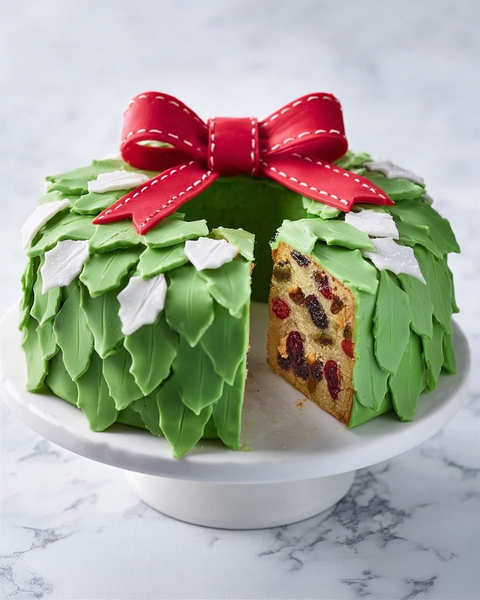 The image shows a round fruitcake covered in smooth green fondant with layered white and lighter green fondant pieces shaped like holly leaves on top. There is a large red bow with white stitching details made from fondant sitting on the wreath, adding a festive touch. One slice is cut out to reveal the dense inside filled with mixed fruits and nuts, showing a textured mix of red, brown, and yellow bits. The cake is placed on a white cake stand with a scalloped edge, set against a white marbled surface. Photo taken with an iphone --ar 4:5 --v 7