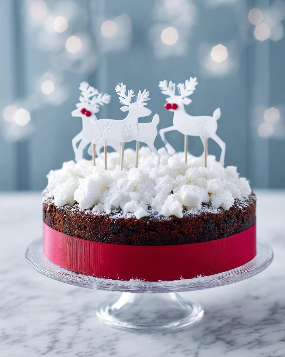The image shows a round cake with two main layers. The bottom layer is dark brown and looks like a fruit cake. It is wrapped around the side with a red ribbon. The top layer is covered with small white clusters resembling snow or icing crystals, creating a rough texture. On top of the cake, three white reindeer cutouts are placed standing in a line, with the middle reindeer’s nose colored red. The cake is displayed on a clear glass cake stand set on a white marbled surface. The background is light blue with hexagon-shaped blurry white lights. Photo taken with an iphone --ar 4:5 --v 7