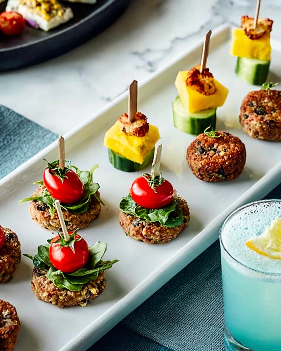 The image shows a long rectangular white plate with a light blue pattern, holding several small round patties arranged in three rows. Some patties have a layer of green leafy herb at the bottom, topped with a bright red cherry tomato slice, and secured with a toothpick, while others are plain with no toppings. Additionally, a few skewers hold a piece of yellow mango and a thick green cucumber slice above the patties. The plate sits on a white marbled surface with a blue cloth napkin on the right and a glass with a light blue drink. On the left side, there is a round black tray holding small white spoons containing a creamy yellow sauce with bits of bacon. A woman's hand is reaching towards the tray. photo taken with an iphone --ar 4:5 --v 7