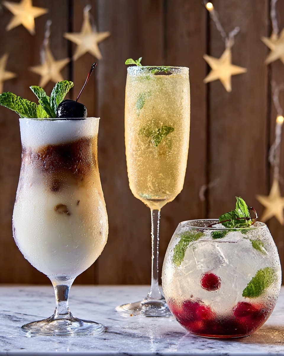 The image shows three different drinks against a wood-textured background with white star decorations. The left drink is in a curved clear glass with a layered look: dark brown at the bottom, creamy white in the middle, topped with white foam, garnished with a leaf, a cherry and some ice. The middle drink is a tall clear flute glass with a pale yellow liquid and bubbles, filled with ice, and decorated with a small green herb sprig. The right drink is in a large round clear glass with a frosted white color and red bits floating inside, garnished with a green mint sprig and green powder on top. All glasses sit on a white marbled surface. photo taken with an iphone --ar 4:5 --v 7