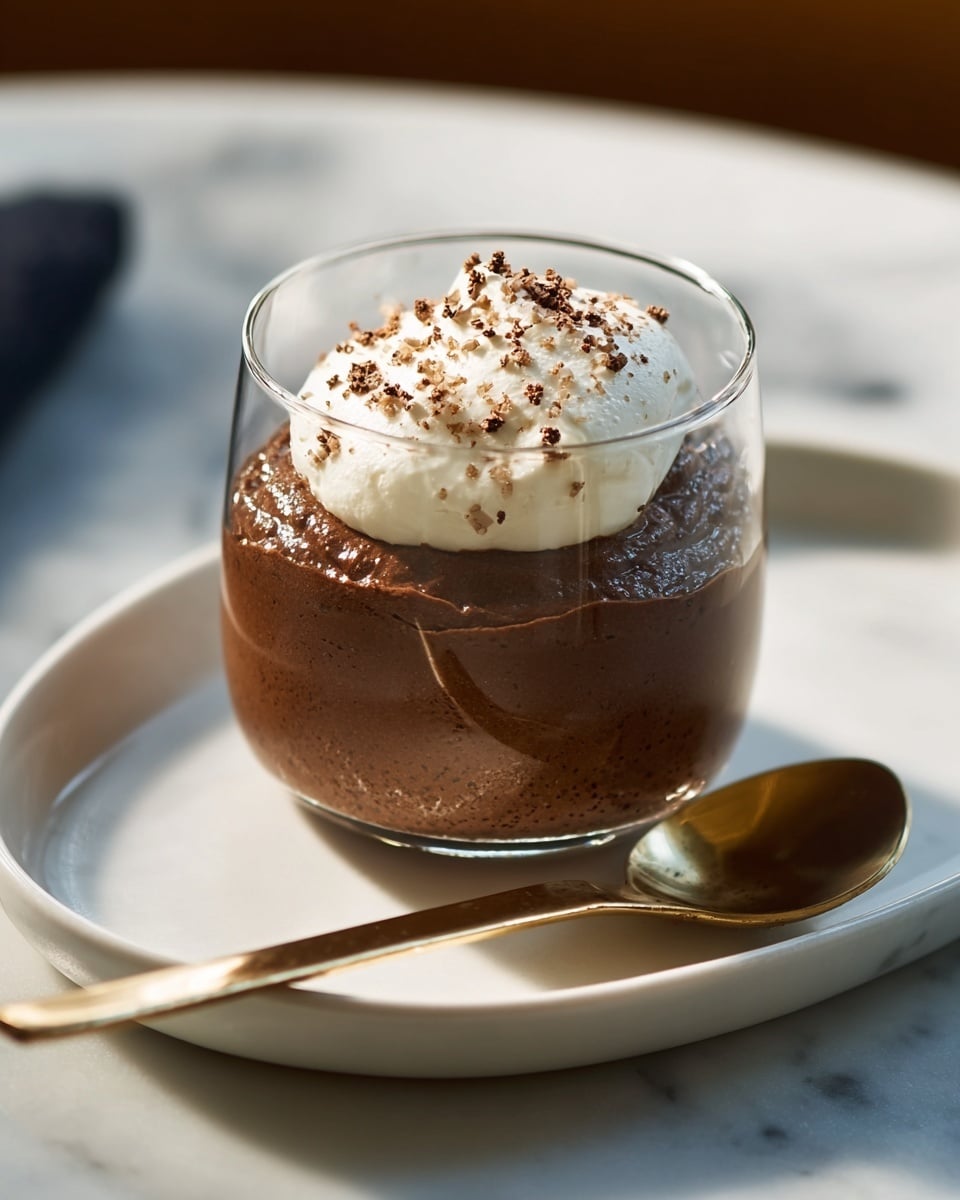 The image shows a clear glass cup filled with two main layers: the bottom and larger layer is a thick, dark brown chocolate mousse with a smooth but slightly airy texture, and the top smaller layer is a dollop of white cream with a soft, fluffy appearance sprinkled with tiny brown chocolate shavings. The glass is placed on a white plate with a blue tray underneath, next to a small black cup in the background, all set on a white marbled surface. A rose-gold spoon rests on the blue tray close to the glass. Photo taken with an iphone --ar 4:5 --v 7