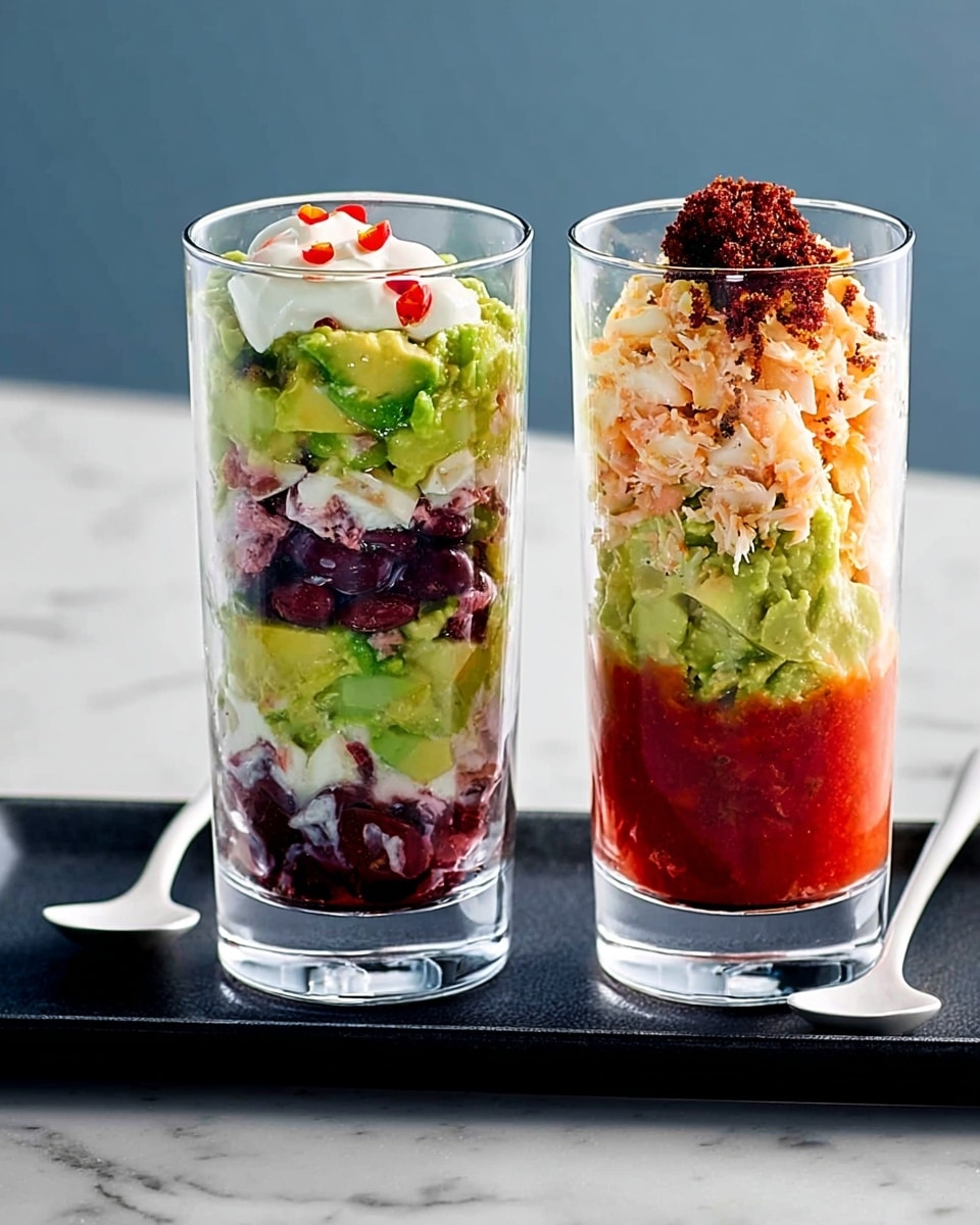 The image shows two clear tall glasses filled with layered dishes placed side by side on a black tray with a white marbled surface background. The glass on the left has three visible layers: at the bottom, green diced cucumber pieces; in the middle, dark red beans mixed with brown nuts or vegetables; and on top, white cream with a sprinkle of red seasoning. The glass on the right also has three layers: at the bottom, bright red sauce; in the middle, light yellow shredded crab meat with green diced avocado; and on top, reddish-brown flakes. Two shiny silver spoons are positioned beside the tray on the white marbled surface. Photo taken with an iphone --ar 4:5 --v 7